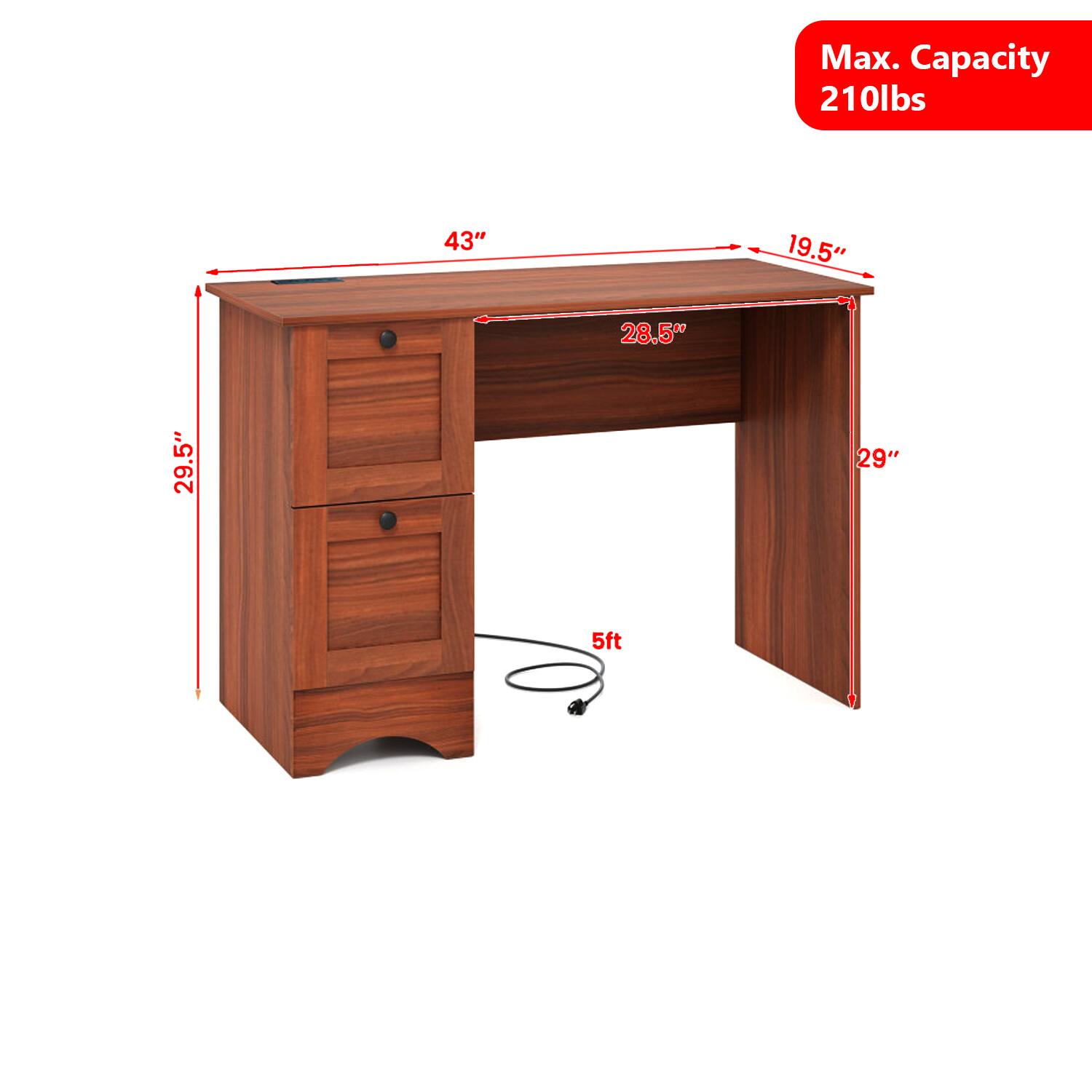 Max. Capacity 210lbs  
43"  
19.5"  
28.5"  
29.5"  
29"  
5ft