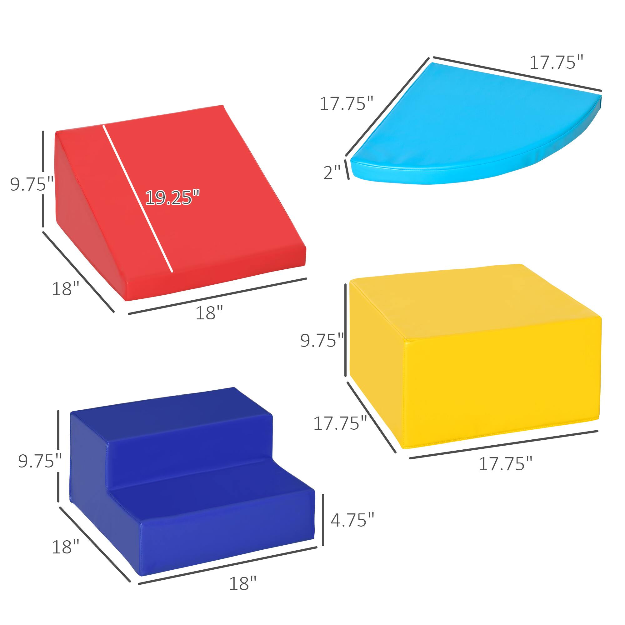 1. Red Box:
   - 18" (width)
   - 18" (depth)
   - 9.75" (height)
   - 19.25" (length)

2. Blue Tray:
   - 17.75" (width)
   - 2" (depth)
   - 17.75" (length)

3. Blue Box:
   - 18" (width)
   - 18" (depth)
   - 9.75" (height)
   - 4.75" (length)

4. Yellow Box:
   - 17.75" (width)
   - 17.75" (depth)
   - 9.75" (height)