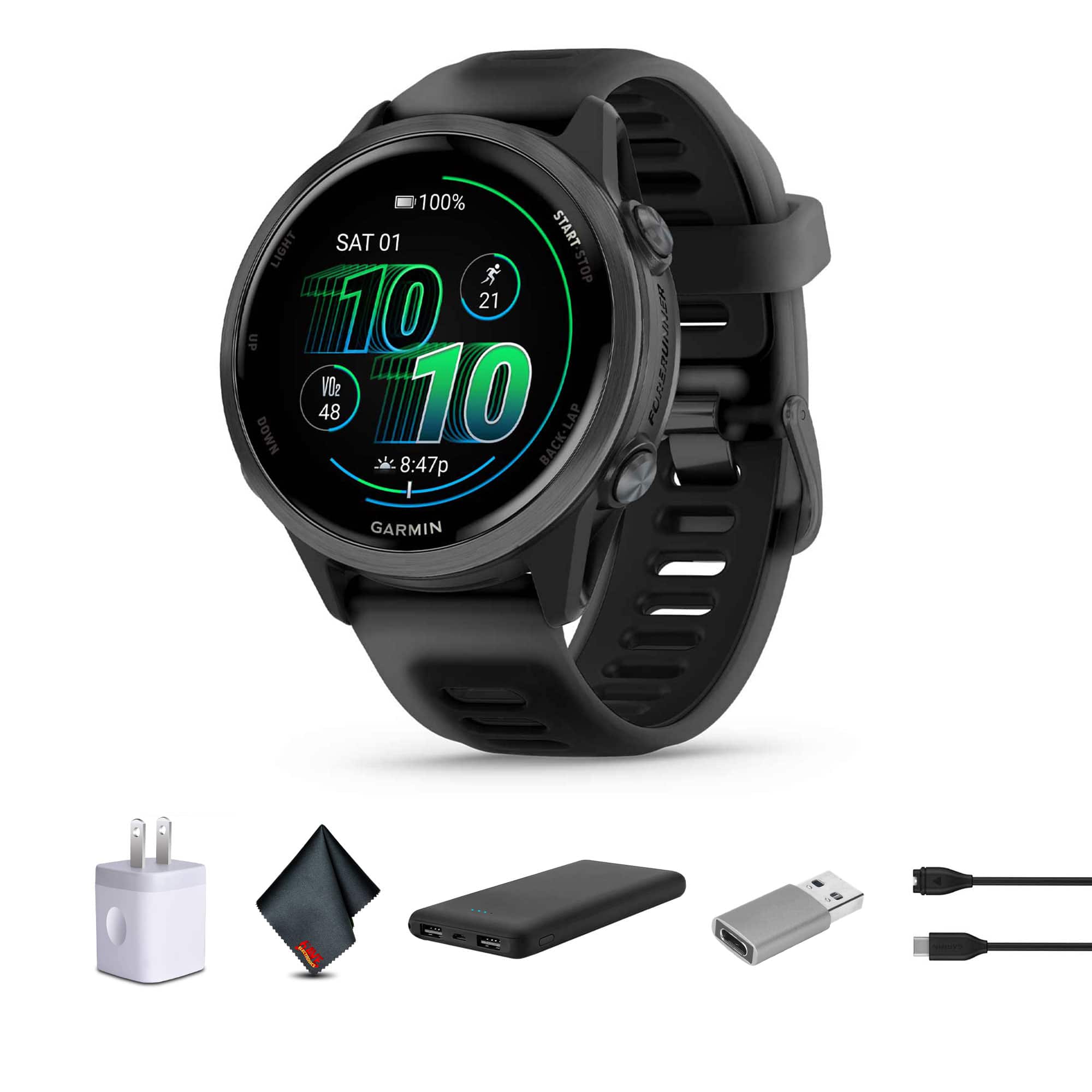 Garmin - Forerunner 570 Running Smartwatch, 42 MM, Slate Gray Aluminum with Translucent Black/Black Band Bundle - Black - (2025)