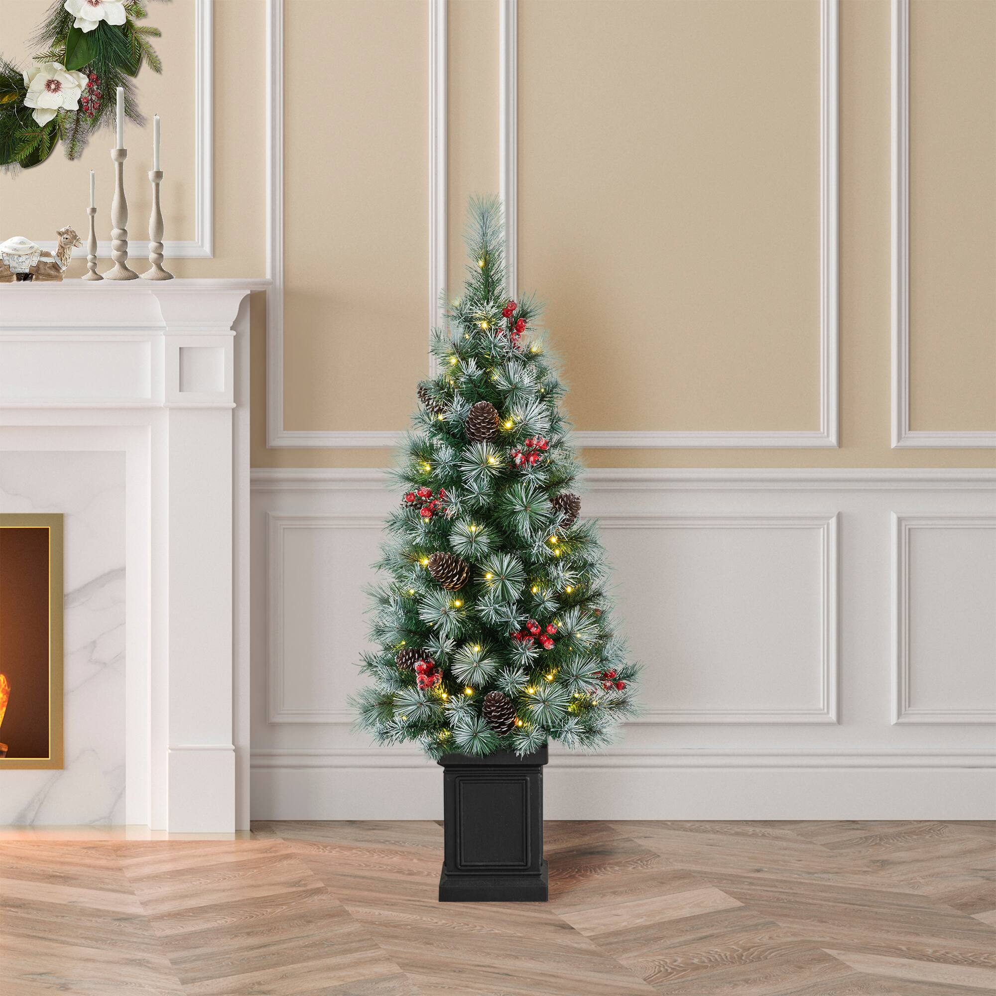 Front. Glitzhome - Set of Two  4ft Pre-Lit Pine Artificial Christmas Porch Tree with 80 Warm White Lights, Pinecones and Red Berries - Green.
