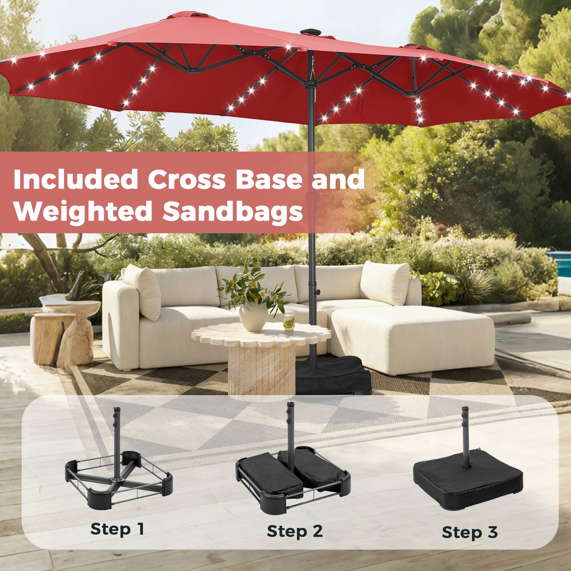 Included Cross Base and Weighted Sandbags

Step 1

Step 2

Step 3