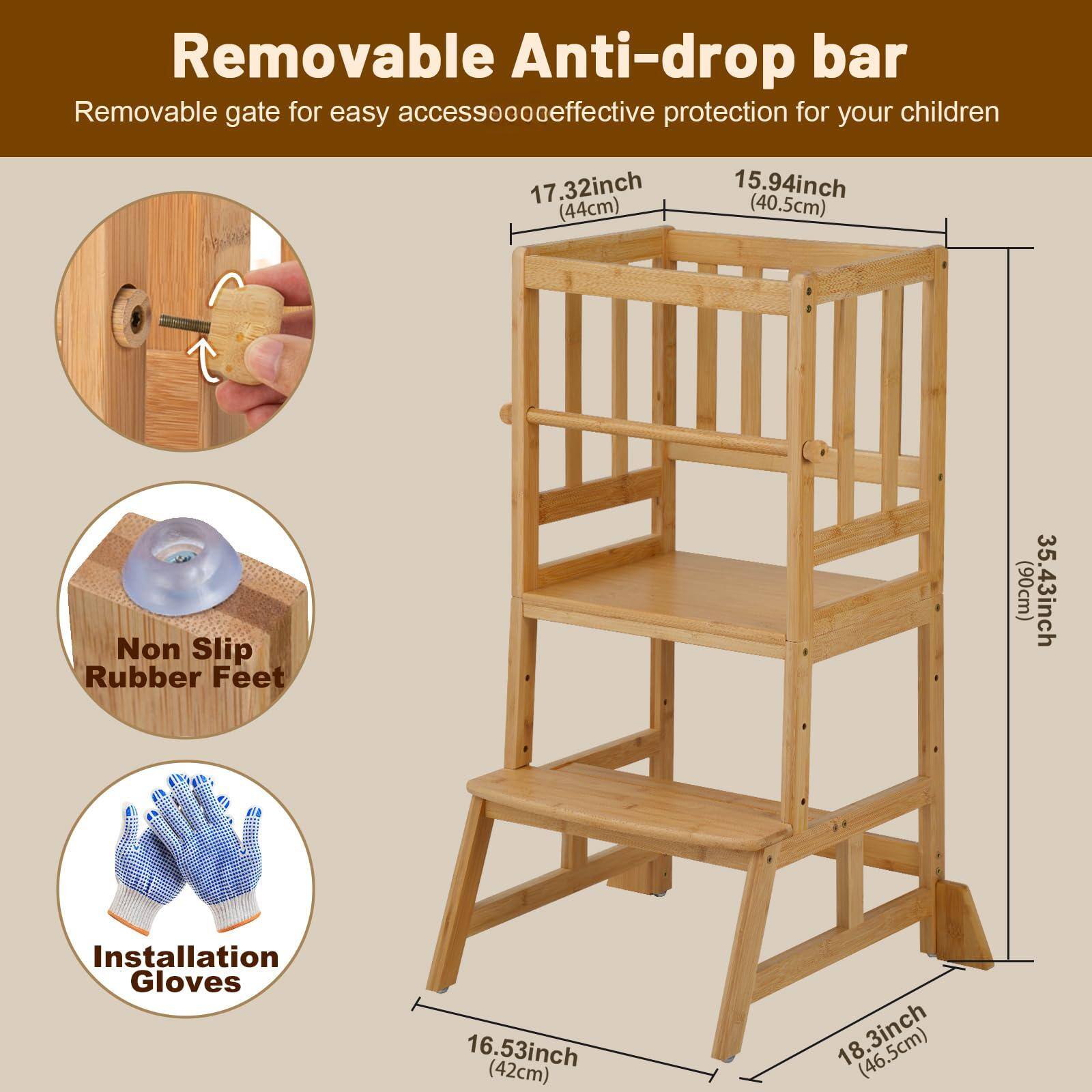 Removable Anti-drop bar  
Removable gate for easy access  
Effective protection for your children  

17.32 inch (44 cm)  
15.94 inch (40.5 cm)  

Non Slip Rubber Feet  

Installation Gloves  

16.53 inch (42 cm)  
18.3 inch (46.5 cm)  
35 inch (90 cm)  
54.3 inch (138 cm)