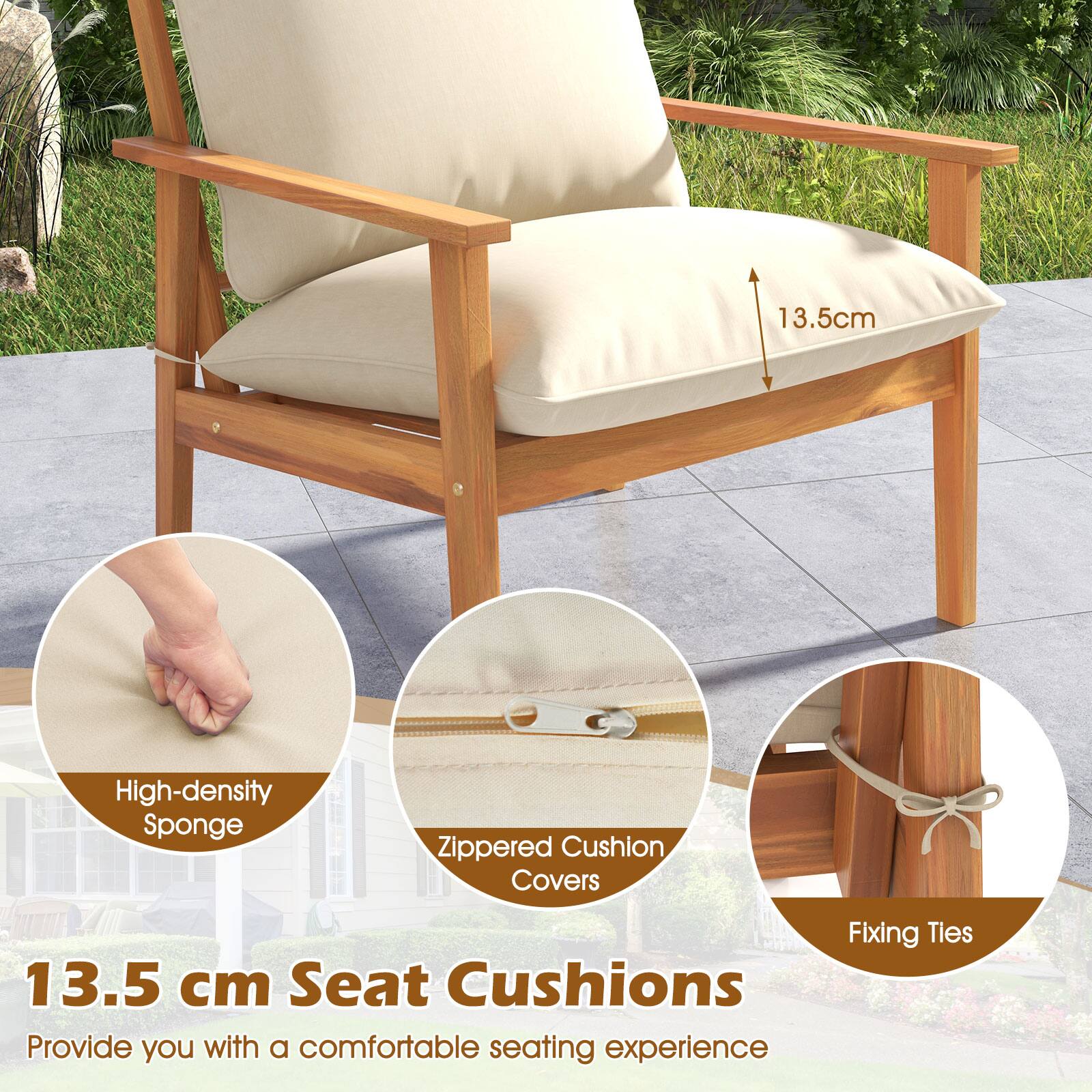 The text on the image is grouped and corrected as follows:

13.5cm High-density Sponge Zippered Cushion Covers Fixing Ties 13.5 cm Seat Cushions Provide you with a comfortable seating experience.