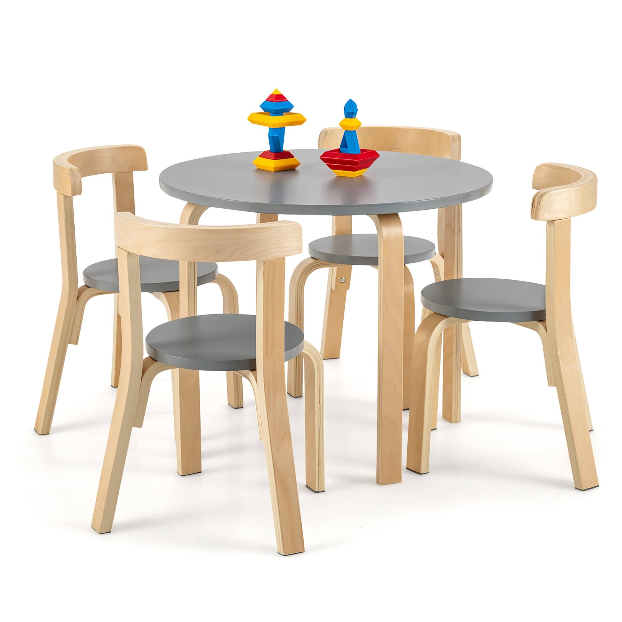 Gymax - 5-Piece Kids Wooden Curved Back Activity Table & Chair Set w/Toy Bricks Grey - Gray