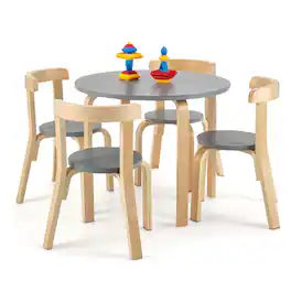 Gymax - 5-Piece Kids Wooden Curved Back Activity Table & Chair Set w/Toy Bricks Grey - Gray