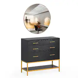 Winado - Salon Station Freestanding Hair Stylist Cabinet with Mirror, 3 Drawers, Shelf & Tool Holders for Bedroom Bathroom Spas - Black/Gold