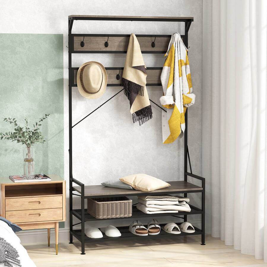 Costway Coat Rack 4 In 1 Hall Tree with 11 Hanging Hooks, Shoe Bench, 2 ...
