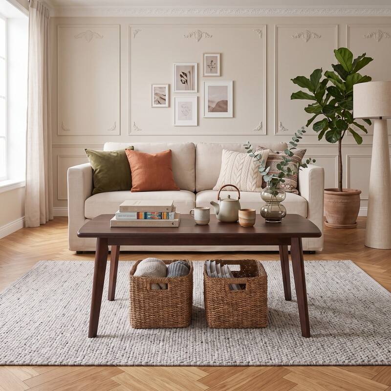 Angle. WELLFOR - 34.5" Solid Wood Modern Coffee Table with Tapered Legs, Center Table Cocktail Tea Table for Living Room - Walnut.