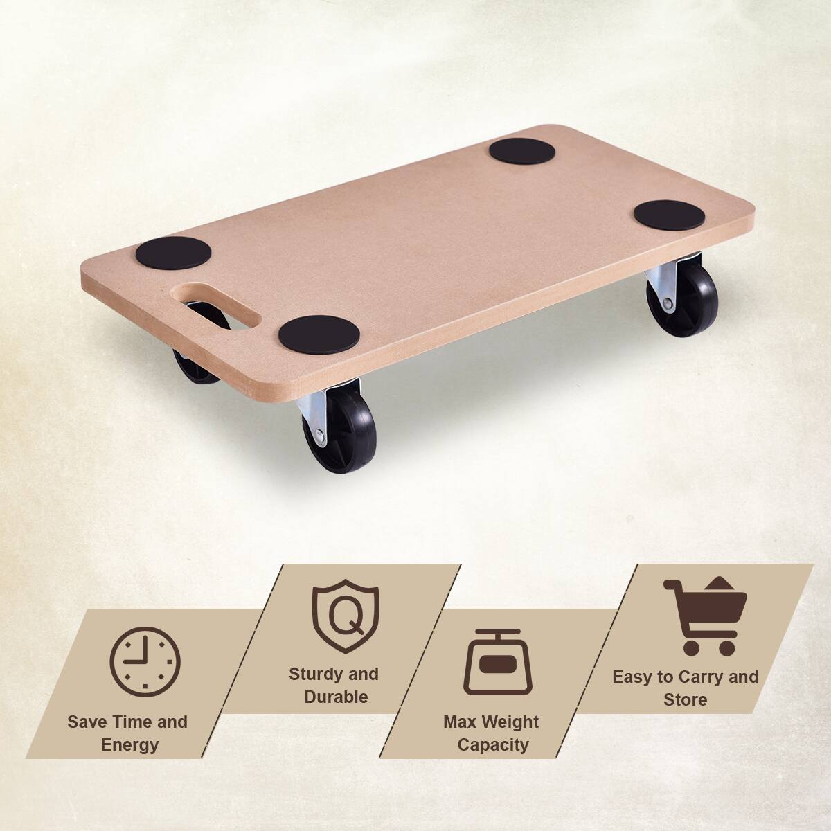 The text on the image is grouped as follows:

1. Save Time and Energy:
2. Sturdy and Durable:
3. Max Weight Capacity:
4. Easy to Carry and Store: