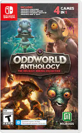 INCLUDES ODDWORLD: SOULSTORM ODDWORLD MUNCH'S ODDYSEE ODDWORLD STRANGER'S WRATH HD ODDWORLD: NEW N TASTY NINTENDO SWITCH. GAMES 4 IN 1 ODDWORLD ANTHOLOGY THE UNLIKELY HEROES COLLECTION TEEN ADOLESCENTS T ESRB Download required. See back. Téléchargement nécessaire. Voir au verso. MICROIDS - T (Teen 13+)
