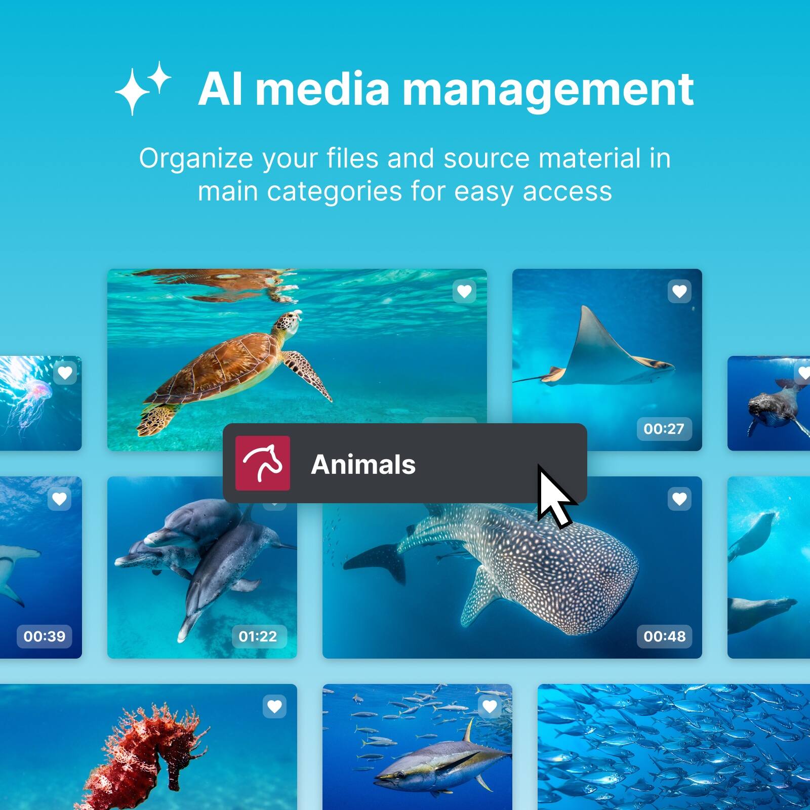 AI media management  
Organize your files and source material in main categories for easy access  

Animals  
00:27  
00:39  
01:22  
00:48