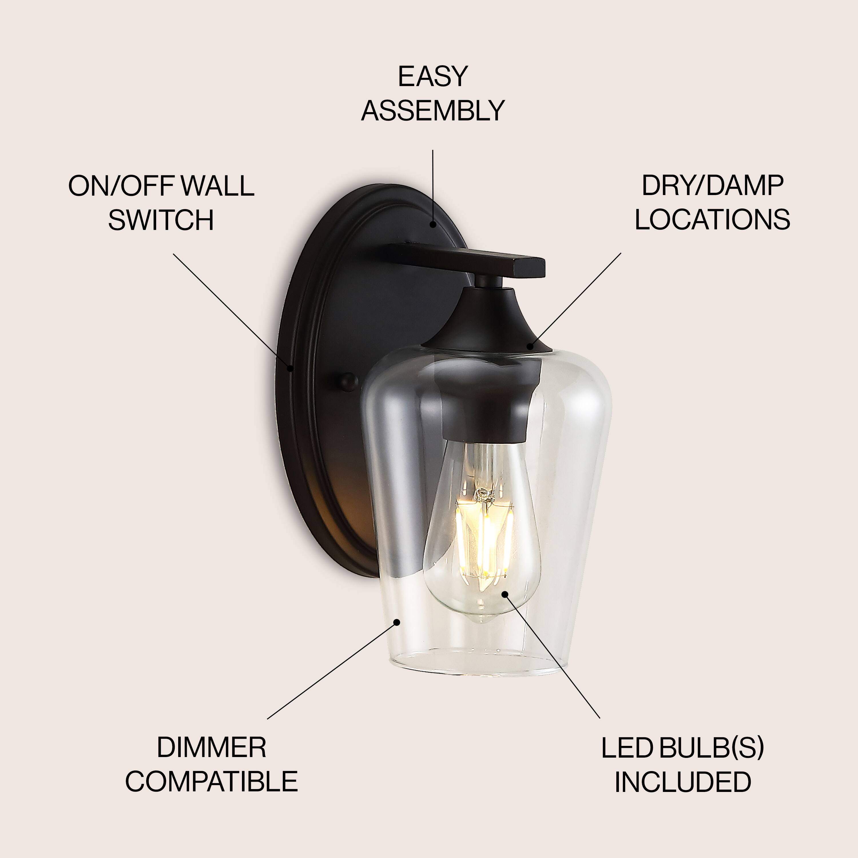 EASY ASSEMBLY ON/OFF WALL SWITCH DRY/DAMP LOCATIONS DIMMER COMPATIBLE LED BULB(S) INCLUDED