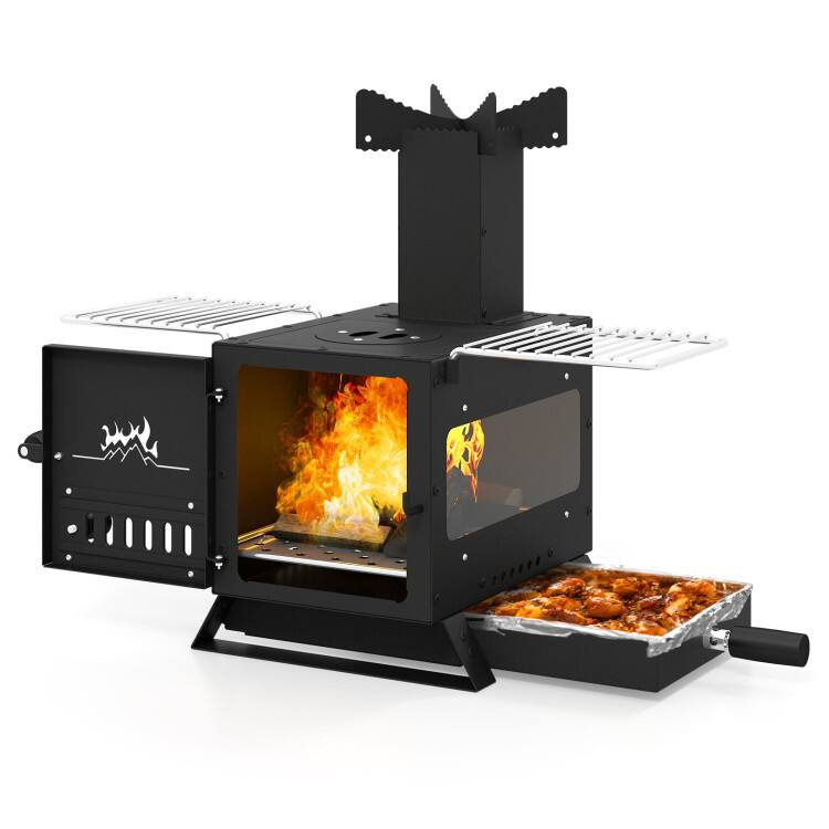 Angle. Mondawe - Portable Wood Burning Stove Mini Heater Burner with Pot Rack Oven Pan - Black.