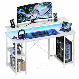 Sweet - 48" Computer Gaming Desk with Power Outlets LED Lights and Reversible Monitor Stand, Storage Shelves & Hooks - White