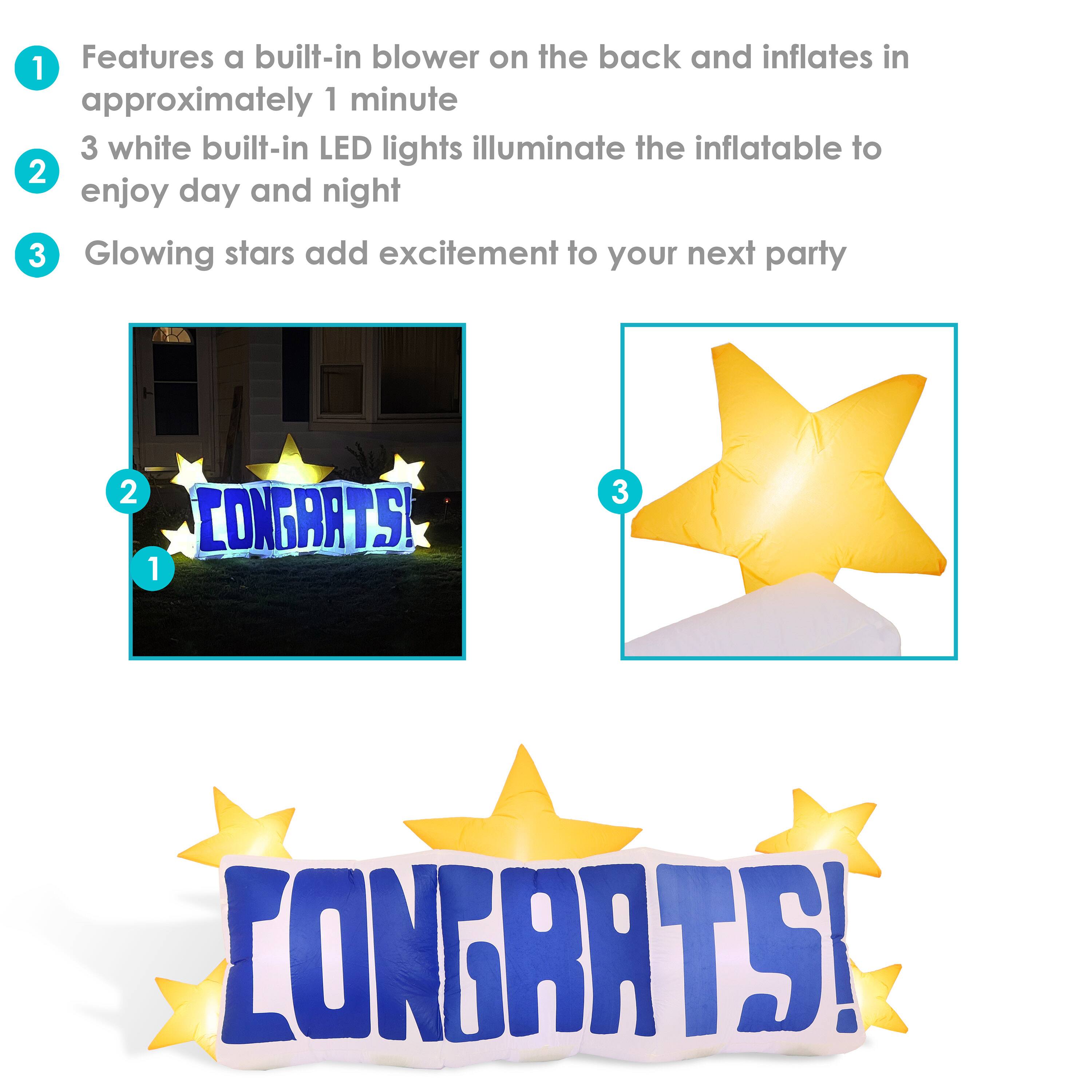 1. Features a built-in blower on the back and inflates in approximately 1 minute
2. 3 white built-in LED lights illuminate the inflatable to enjoy day and night
3. Glowing stars add excitement to your next party

CONGRATS!
