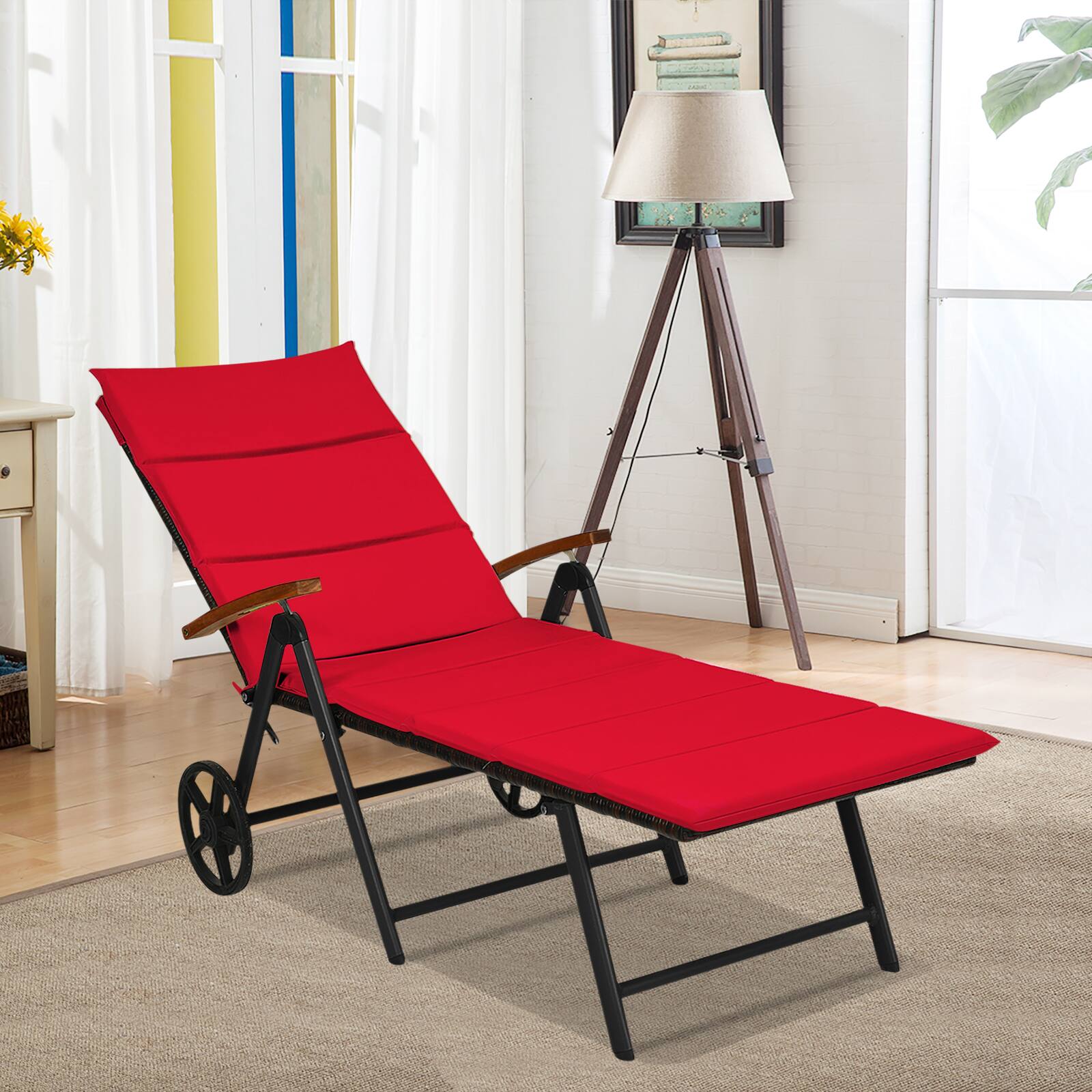 Front. Gymax - Gymax Folding Patio Rattan Lounge Chair Chaise Aluminum W/ Wheel & Red Cushion - Red.