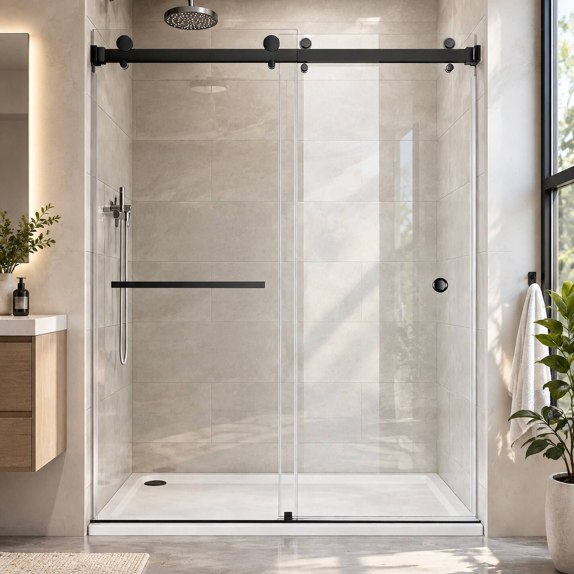 Angle. RYHNUYNE - 55-59 In W X 72 In H Frameless Double Sliding Shower Door, 5/16 In Clear Tempered Glass Matte Black Finish - Matte Black.