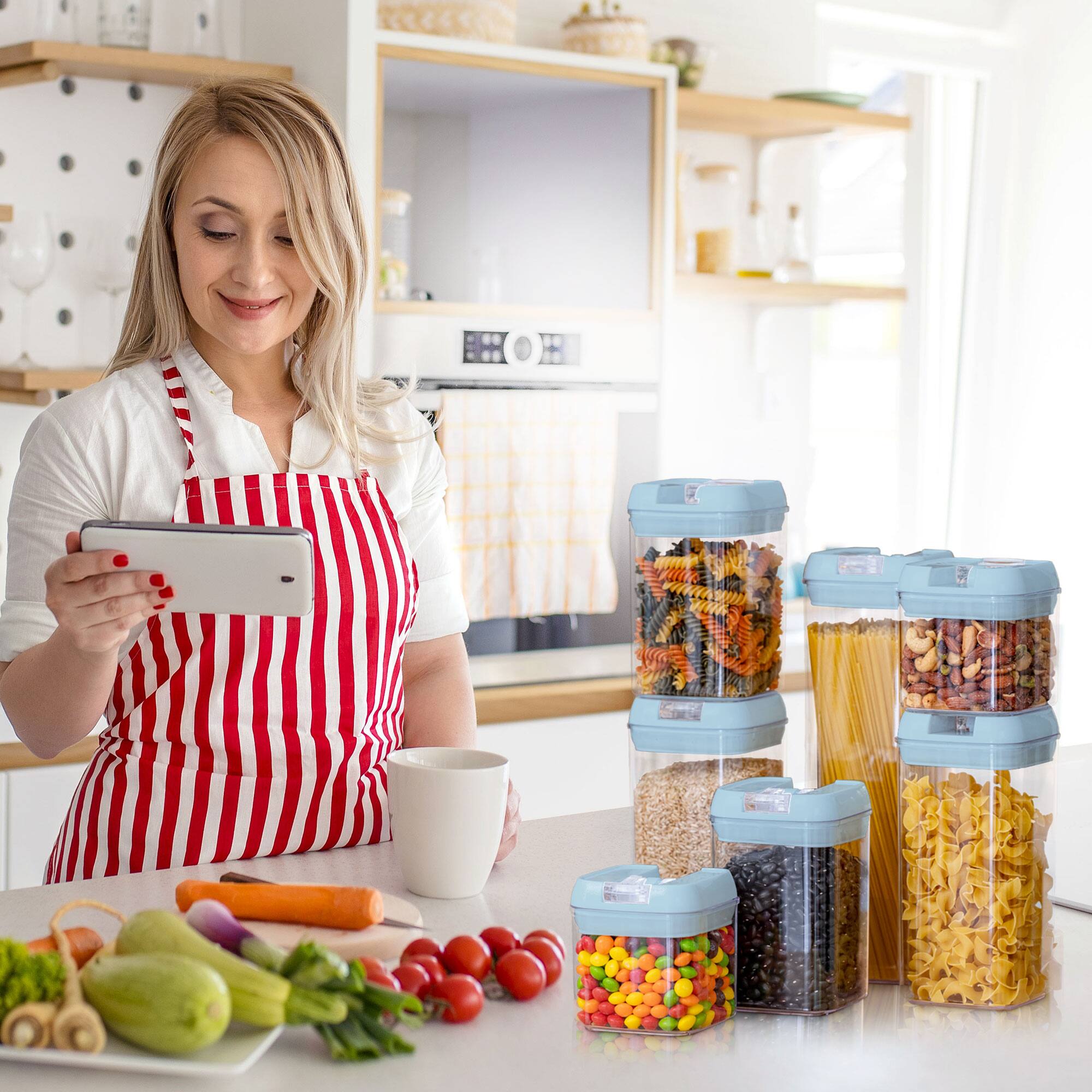 Alt View 1. Cheer Collection - 7-Piece Airtight Pantry Food Storage Container Set with Mixed Sizes, Flip-Top Lids & Reusable Labels - Blue.