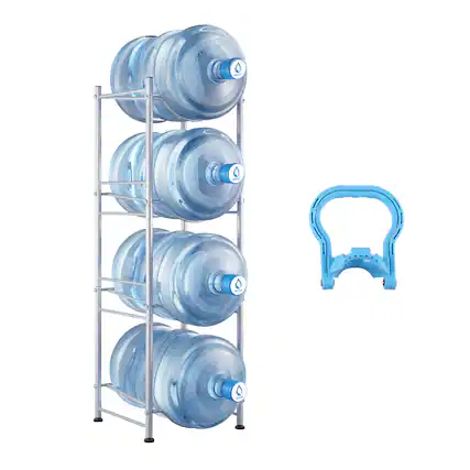 Front. VEVOR - 4 Tiers Water Jug Holder, 5 Gallon Water Bottle Holder, Single Row Water Bottle Rack for 4 Bottles - Silver.