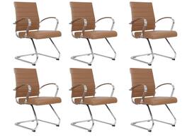 LeisureMod - Set of 6 Benmar Modern Leather Upholstered Office Computer Chair with Chrome Frame and Sled Base for Home or Office - Light Brown