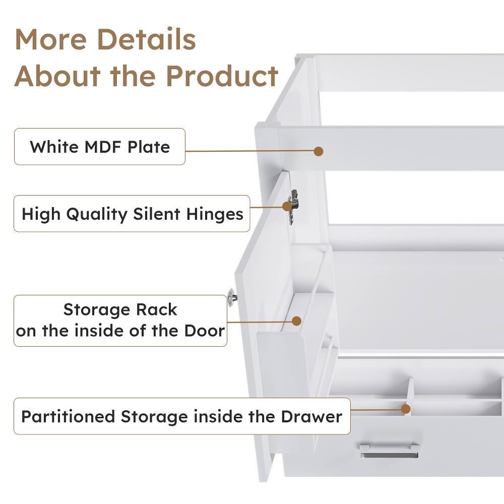 More Details About the Product

- White MDF Plate
- High Quality Silent Hinges
- Storage Rack on the inside of the Door
- Partitioned Storage inside the Drawer