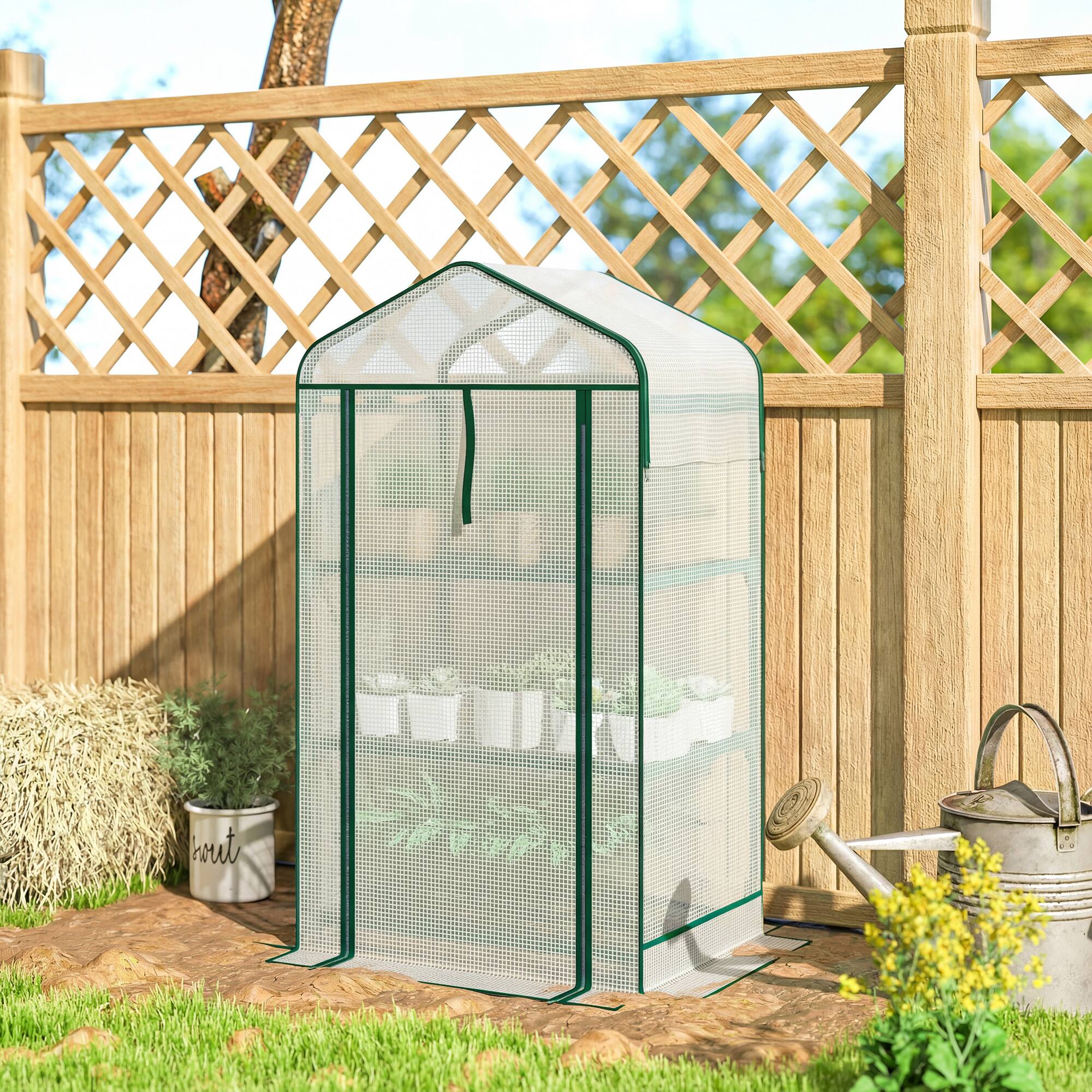Alt View 8. Outsunny - Greenhouse with Screen Roof, Portable Small Greenhouse with Roll-Up Zipper Door.