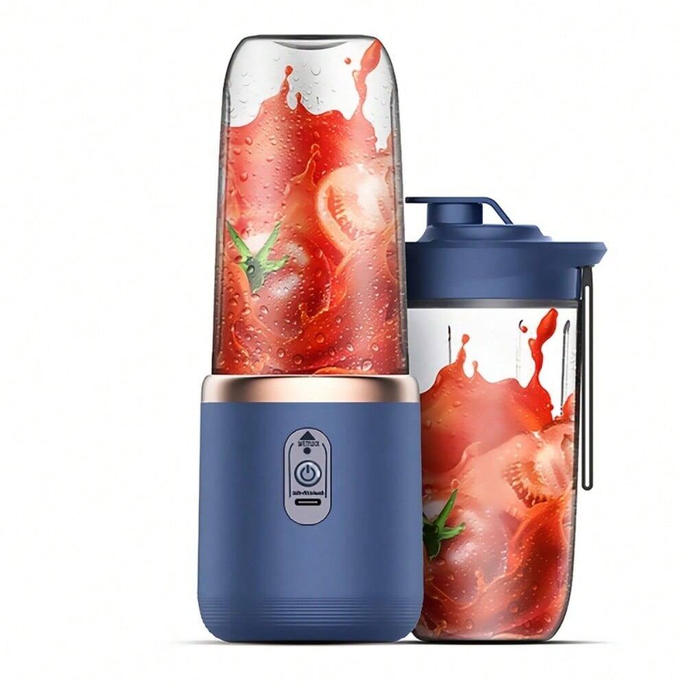 Angle. PRIMEPLUS - Portable Blender with 2 Cups, 400ml Personal Smoothie Maker, 6-Leaf 304 Stainless Steel Blade, 1500mAh USB Rechargeable - Blue.