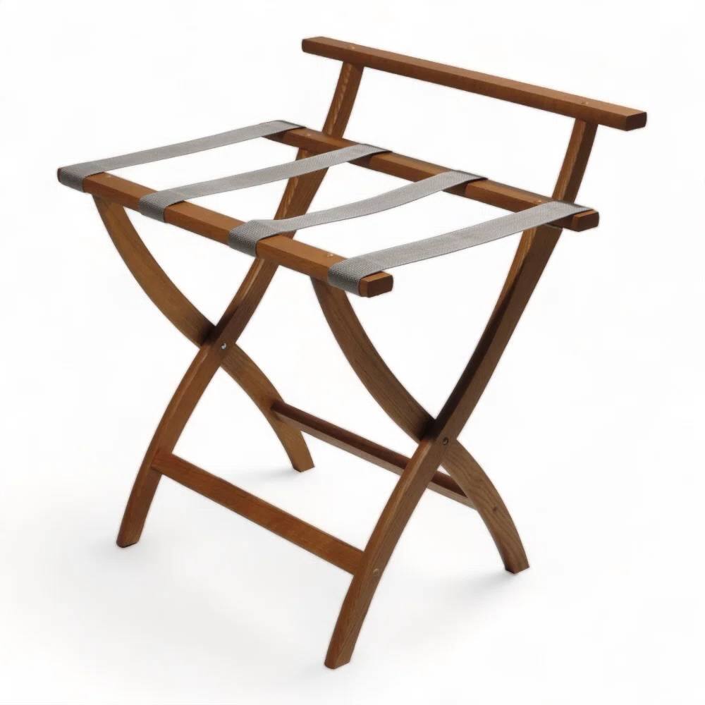 Front. Hivvago - High Back Solid Wood Folding Luggage Rack with Grey Straps in Brown Finish - Brown.