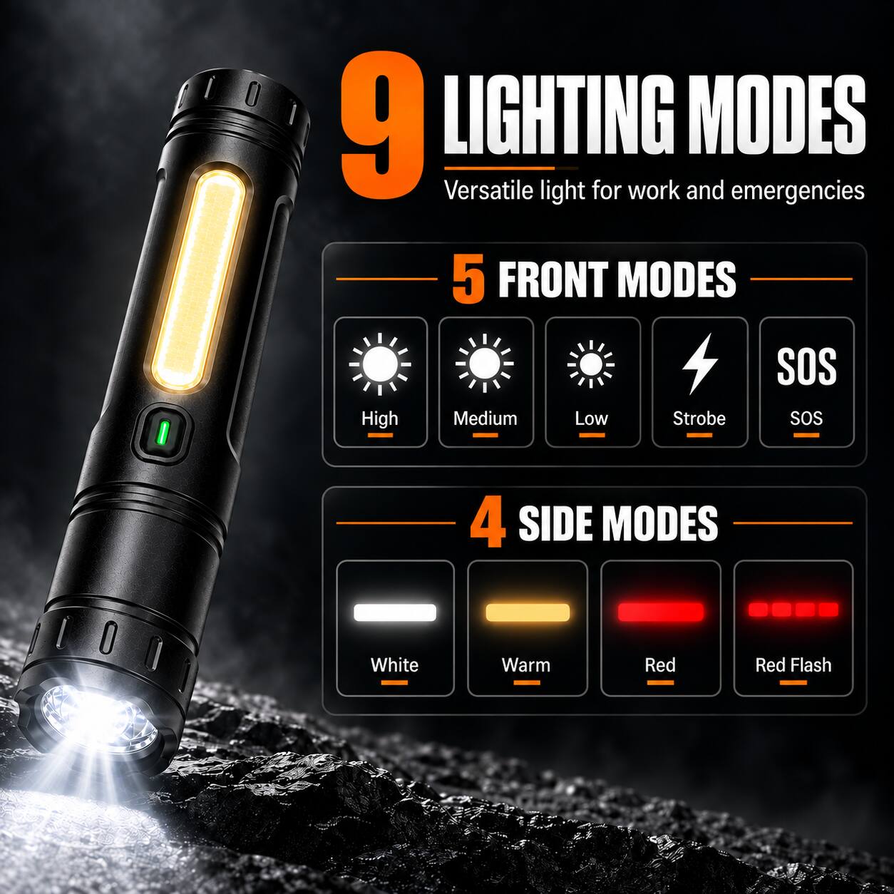 9 LIGHTING MODES  
Versatile light for work and emergencies  

5 FRONT MODES  
SOS  
High  
Medium  
Low  
Strobe  
SOS  

4 SIDE MODES  
White  
Warm  
Red  
Red Flash