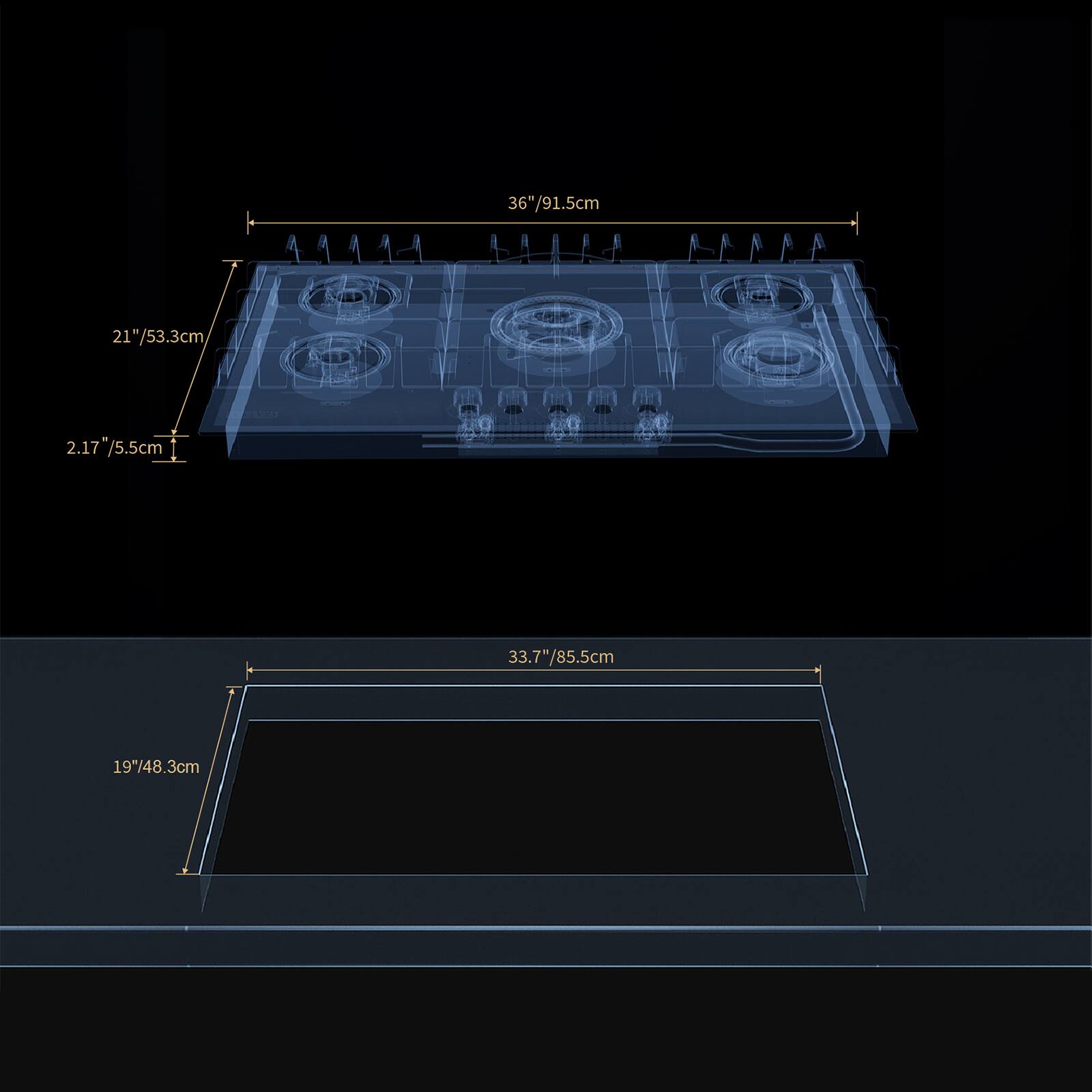 36"/91.5cm, 21"/53.3cm, 2.17"/5.5cm, 33.7"/85.5cm, 19"/48.3cm