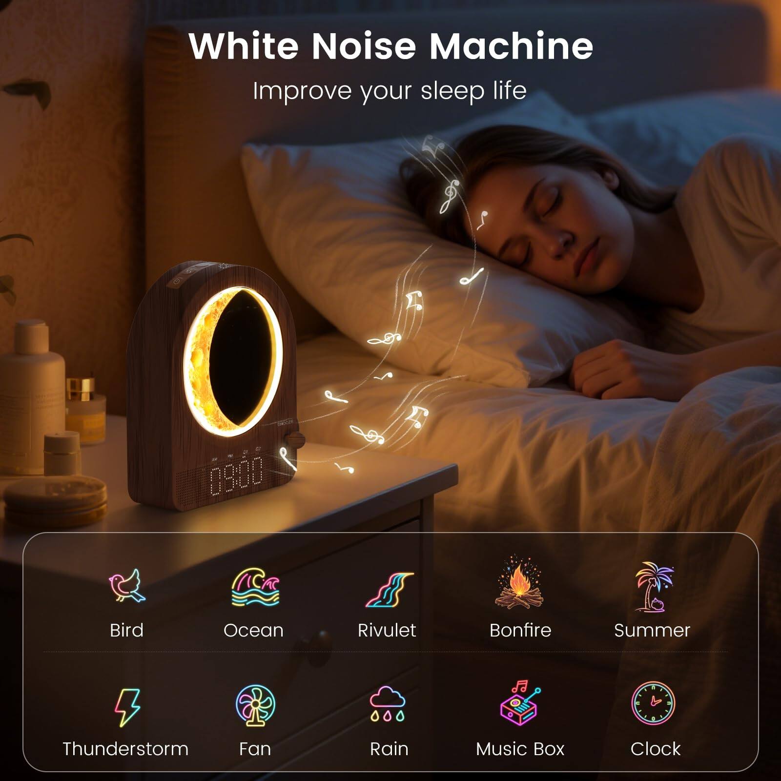 White Noise Machine  
Improve your sleep life  

12:00  

Bird  
Ocean  
Rivulet  
Bonfire  
Summer  
Thunderstorm  
Fan  
Rain  
Music Box  
Clock