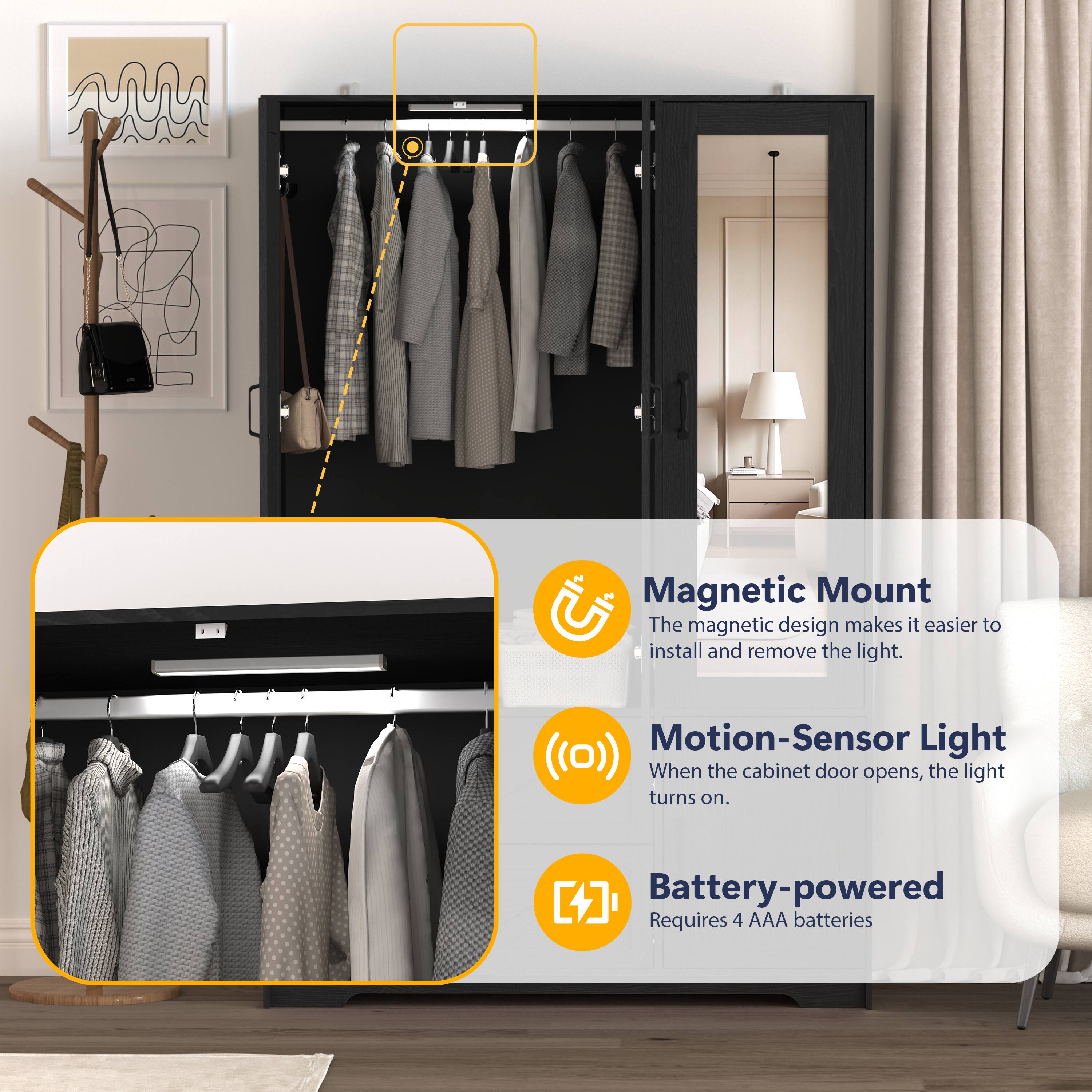 Magnetic Mount: The magnetic design makes it easier to install and remove the light.

Motion-Sensor Light: When the cabinet door opens, the light turns on.

Battery-powered: Requires 4 AAA batteries