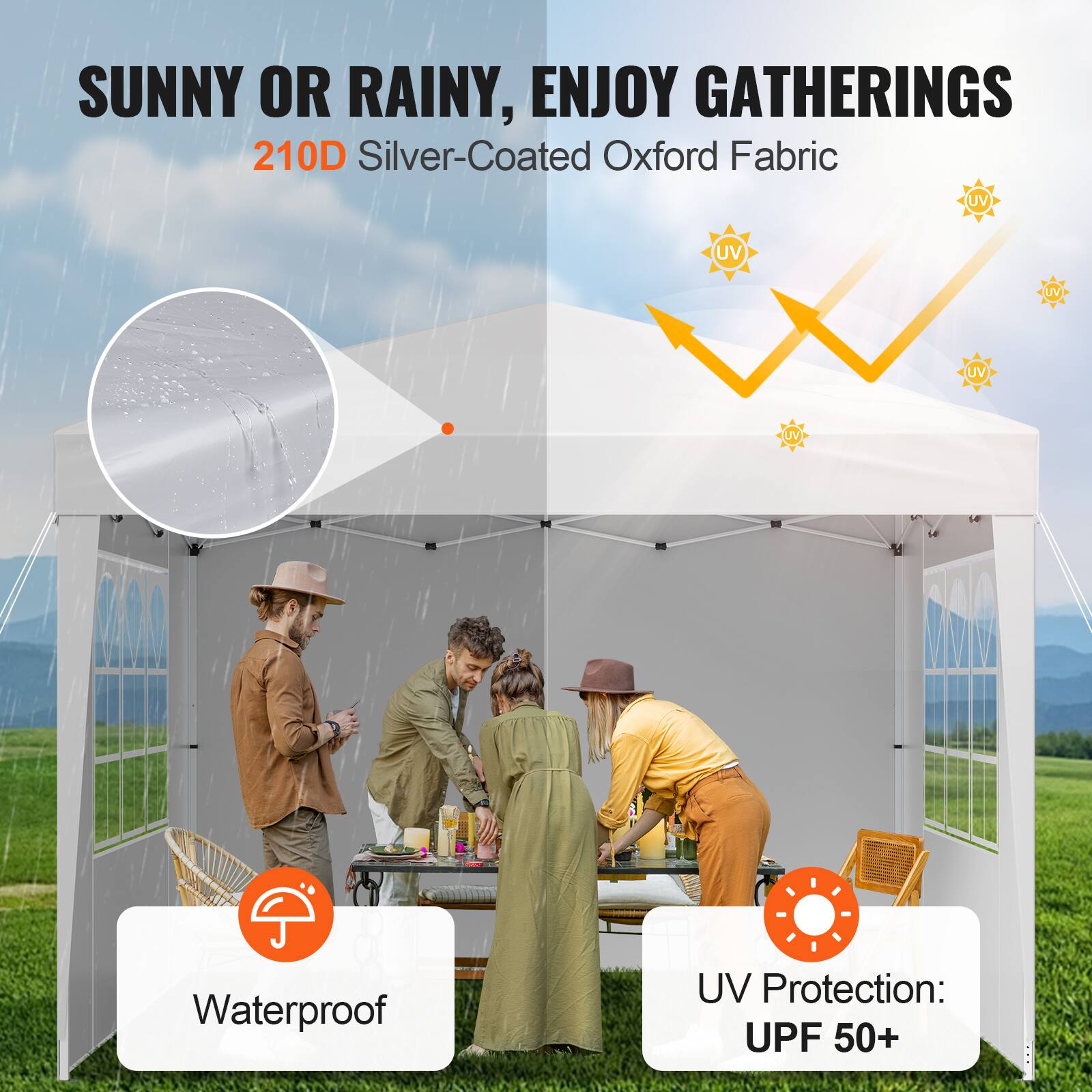 SUNNY OR RAINY, ENJOY GATHERINGS  
210D Silver-Coated Oxford Fabric  

Waterproof  

UV Protection: UPF 50+