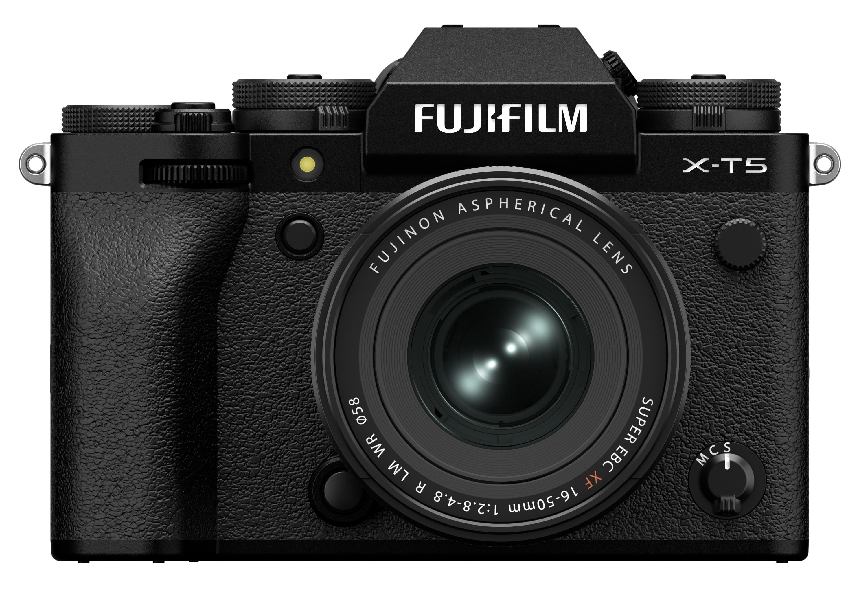 The image features a close-up of a Fujifilm camera with a large lens. The camera has a black body and is equipped with an aspherical Fujinon lens. The lens has a focal length of 16-50mm and is designed for the X-T5 camera. The lens is also equipped with a Super EBC coating for improved performance in various lighting conditions.