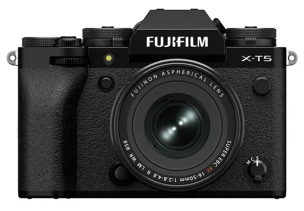 The image features a close-up of a Fujifilm camera with a large lens. The camera has a black body and is equipped with an aspherical Fujinon lens. The lens has a focal length of 16-50mm and is designed for the X-T5 camera. The lens is also equipped with a Super EBC coating for improved performance in various lighting conditions.