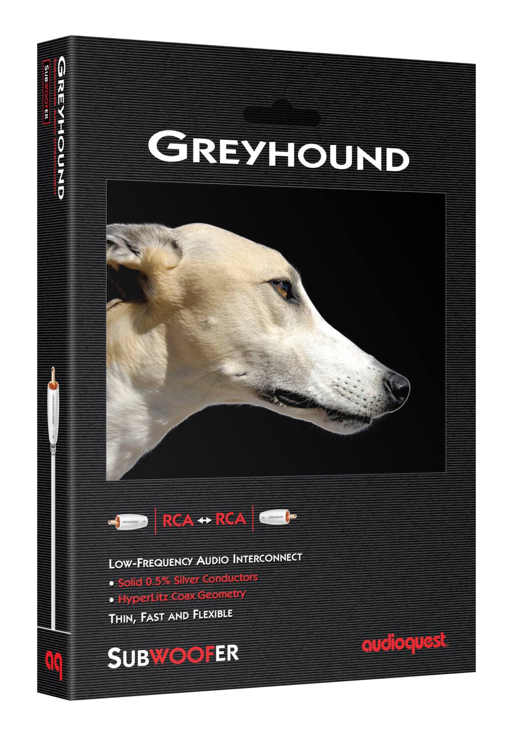 The text on the image is:

"Greyhound Subwoofer - RCA & RCA - Low-Frequency Audio Interconnect - Solid 0.5% Silver Conductors - HyperLitz Coax Geometry - Thin, Fast and Flexible - 09 Subwoofer - audioquest"