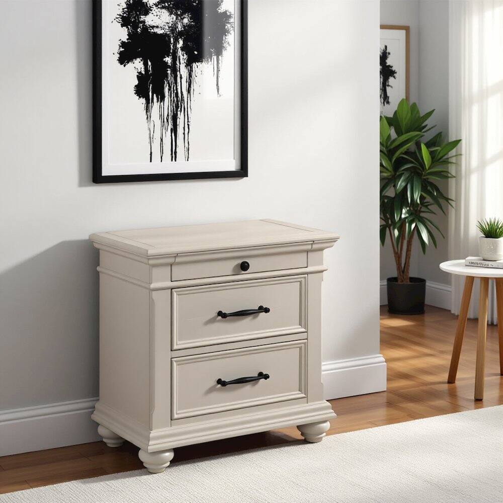 Alt View 6. FurniFact - White 3-Drawer Nightstand with USB Ports - Antique White.
