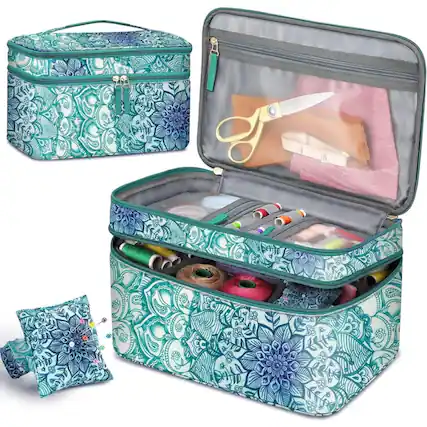 Front. Kitcheniva - Portable Sewing Organizer Case Double-Layer Sewing Accessories Storage Carrying Bag Emerald Illusions - Multicolor.