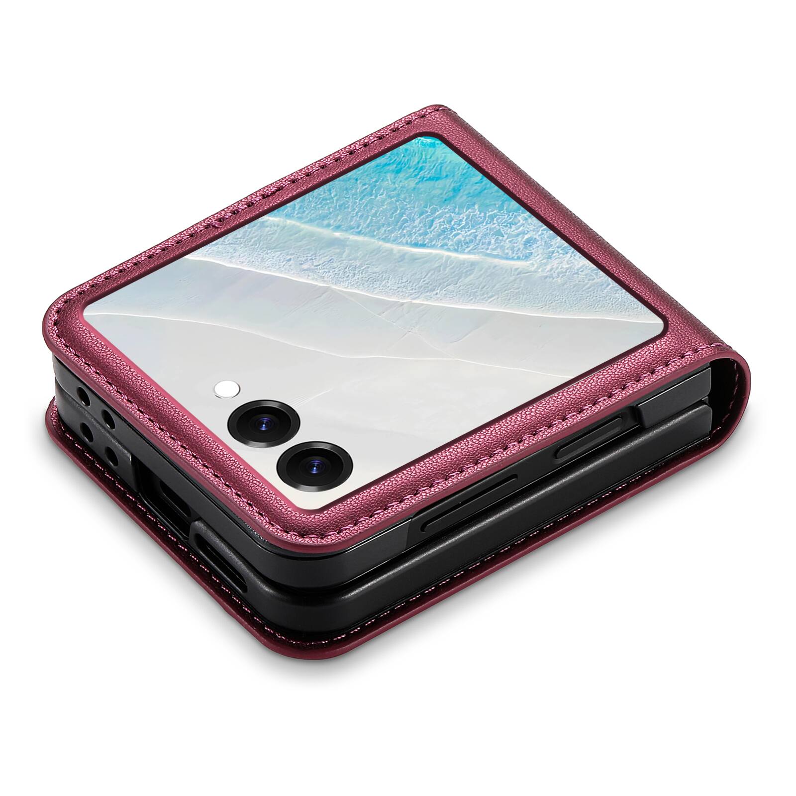 Angle. Dteck - Wallet Case for Samsung Galaxy Z Flip8, Premium Leather Shockproof Slim Cover with Card Slot - Winered.