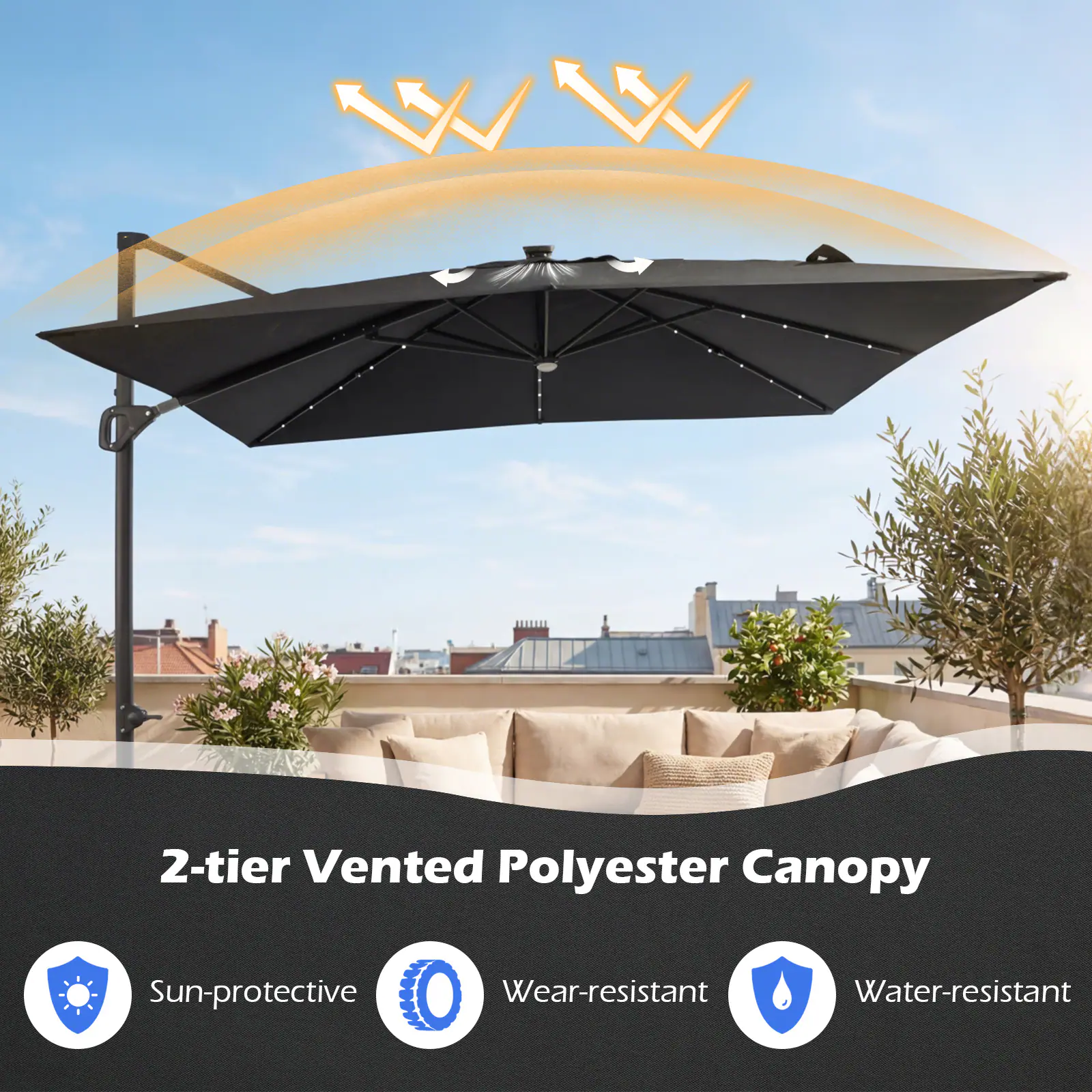 2-tier Vented Polyester Canopy  
Sun-protective  
Wear-resistant  
Water-resistant