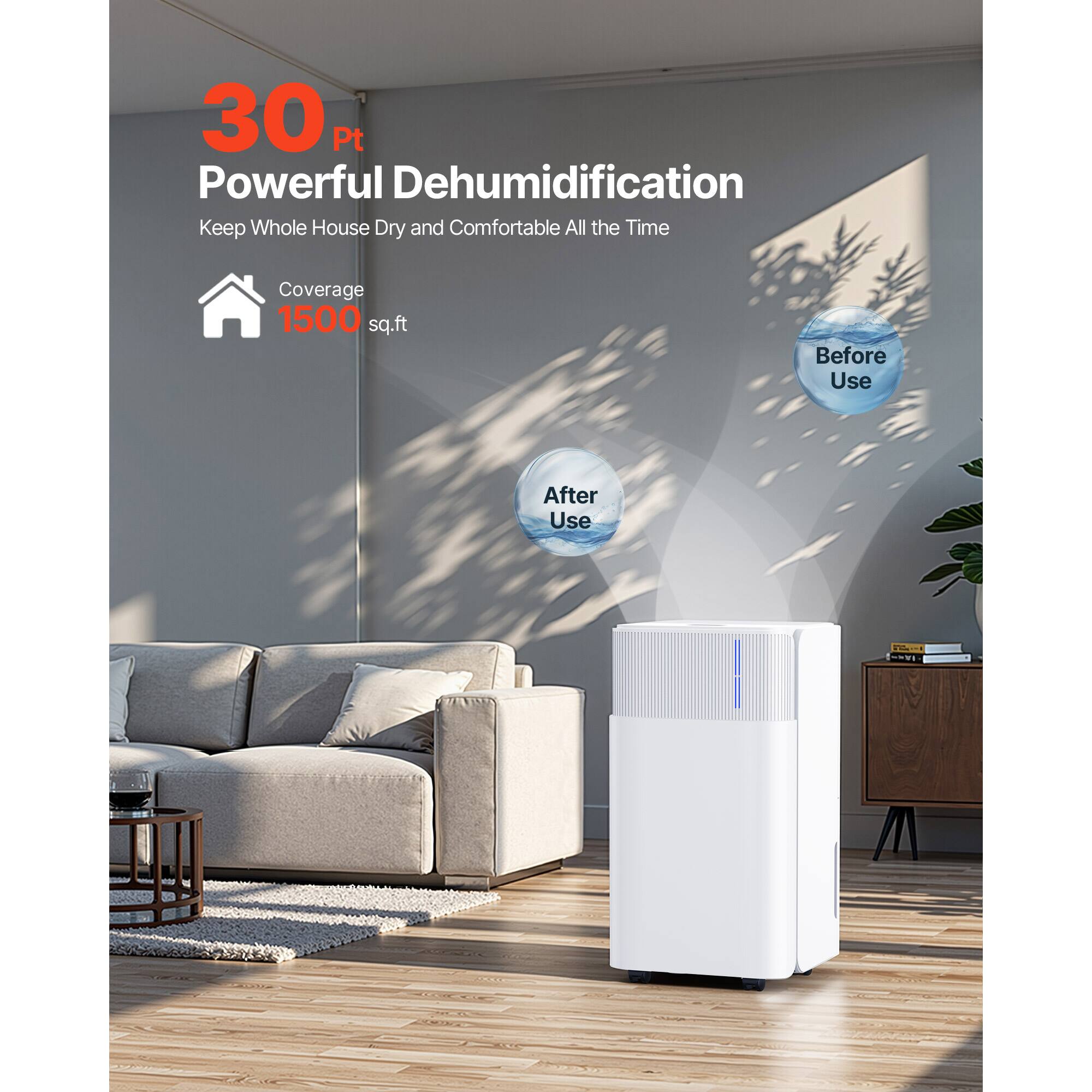 30 Pt Powerful Dehumidification  
Keep Whole House Dry and Comfortable All the Time  
Coverage 1500 sq.ft  
Before Use  
After Use