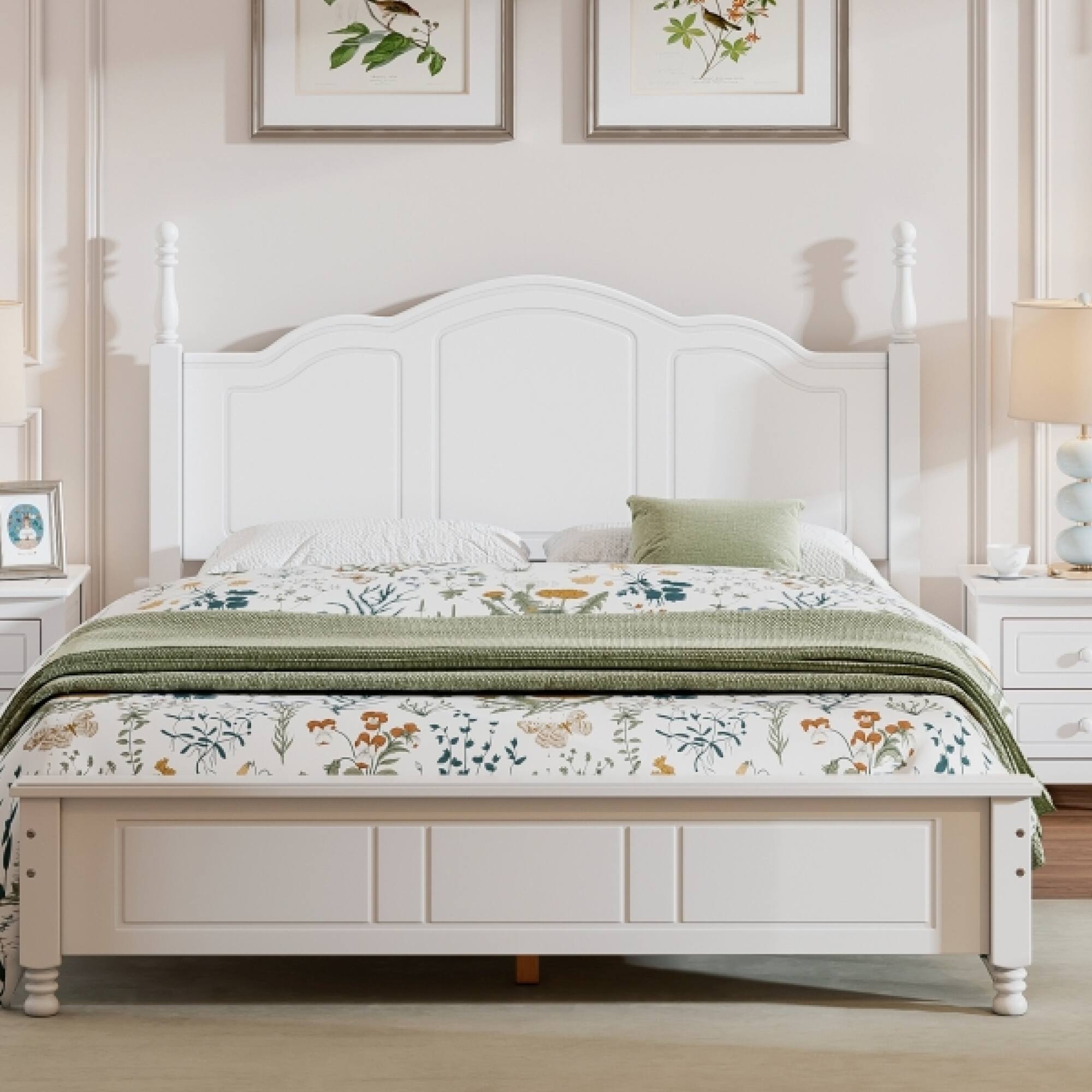 Alt View 7. GOODSILO - Queen Size Retro Wood Platform Bed Frame with Wooden Slat Support for Mattress - White.