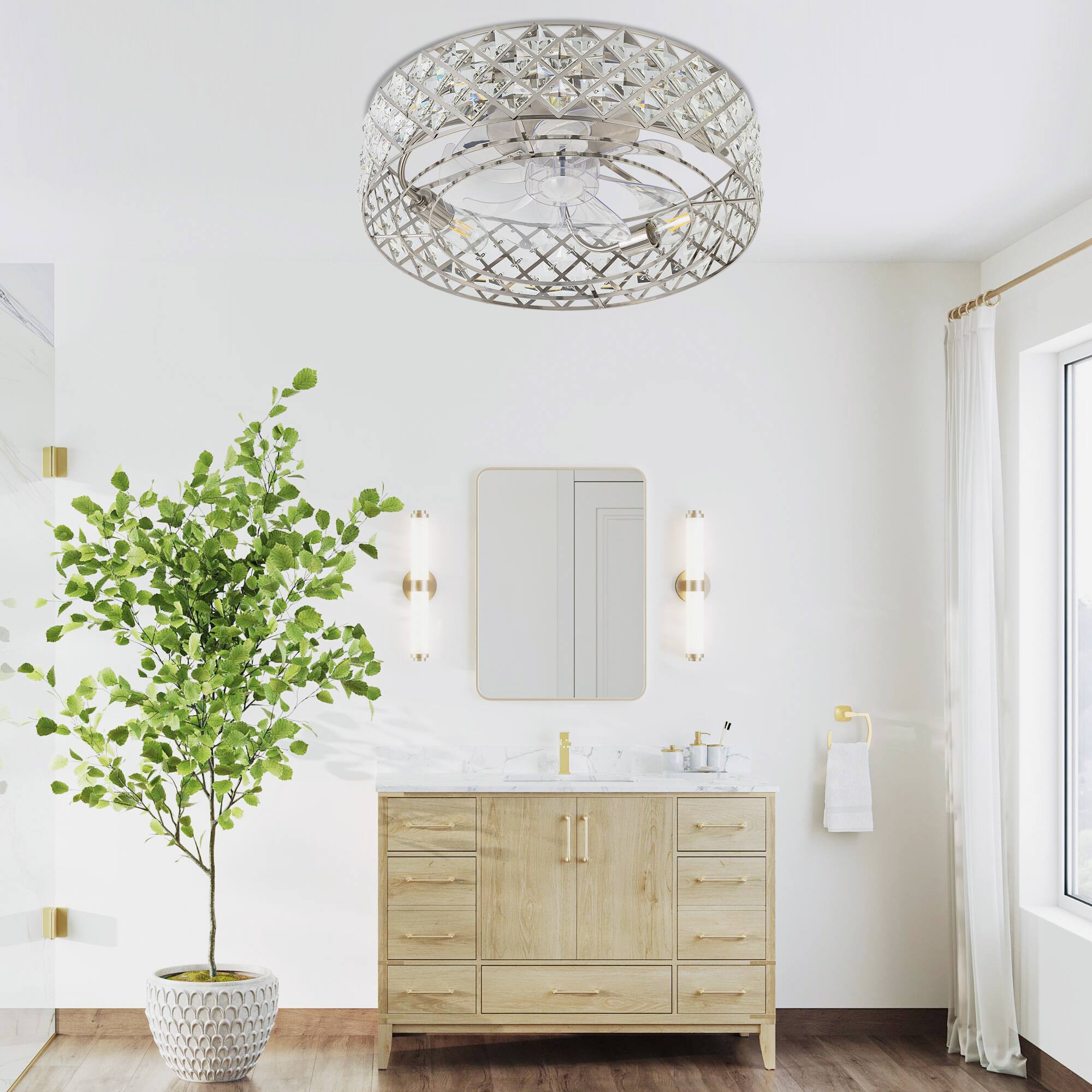 Alt View 2. Breezary - 19-Inch Ceiling Fan with Crystal Cage Shade, 7 Transparent ABS Blades, DC Motor, 6-Speed Remote Control, Timer, E26 Base - Satin Nickel.