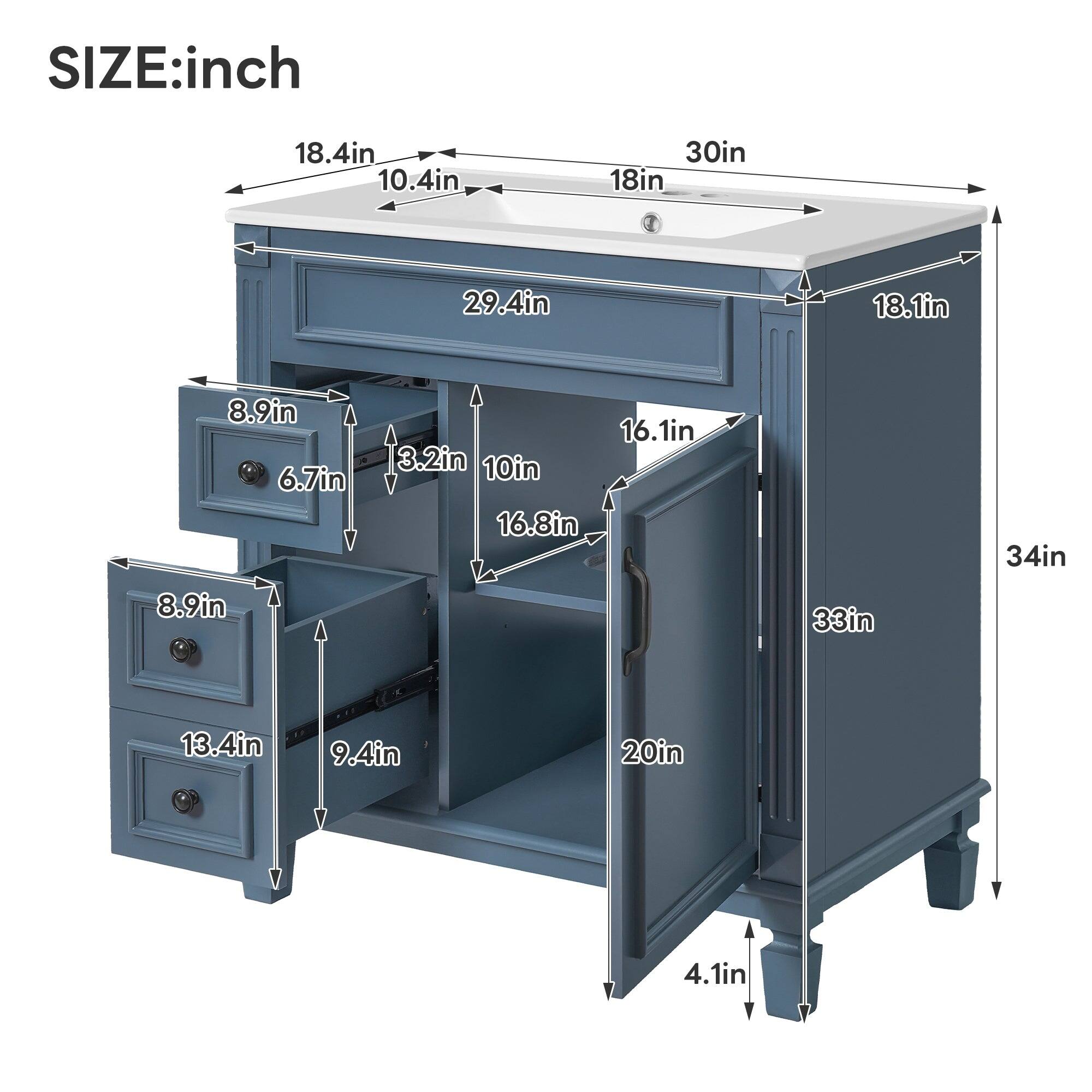 SIZE: inch  
18.4in 10.4in 30in 18in 29.4in 18.1in 8.9in 6.7in 8.9in 16.1in 3.2in 10in 16.8in 33in 34in 13.4in 9.4in 20in 4.1in