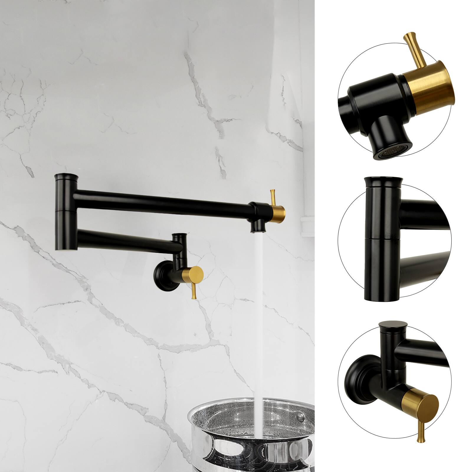 Alt View 2. Akicon - Akicon Solid Brass Wall-Mounted Pot Filler Kitchen Faucet with Two Joint Swing Arms in Matte Black & Brushed Gold - Matte Black & Brushed Gold.