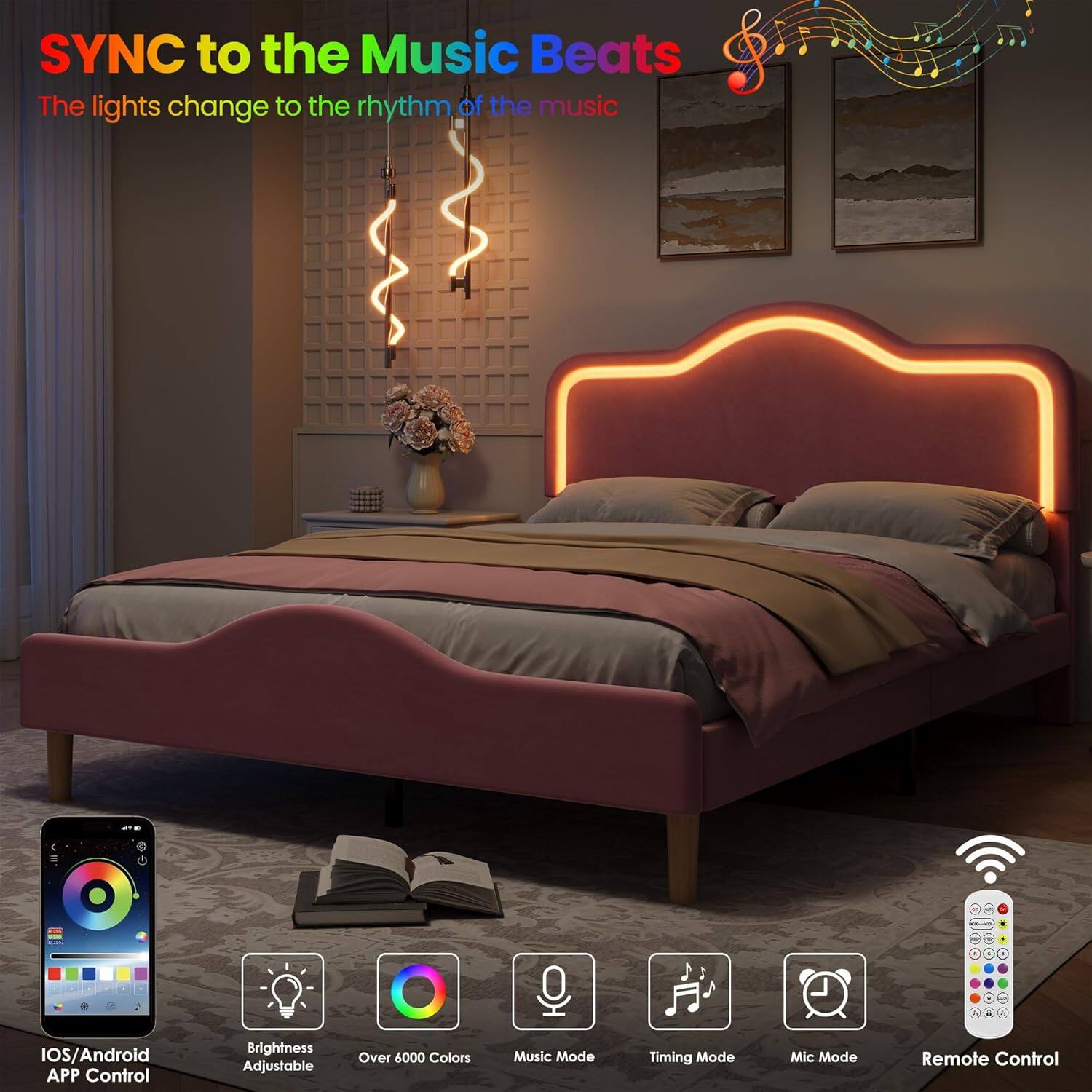 SYNC to the Music Beats  
The lights change to the rhythm of the music  

- IOS/Android APP Control  
- Brightness Adjustable  
- Over 6000 Colors  
- Music Mode  
- Timing Mode  
- Mic Mode  
- Remote Control