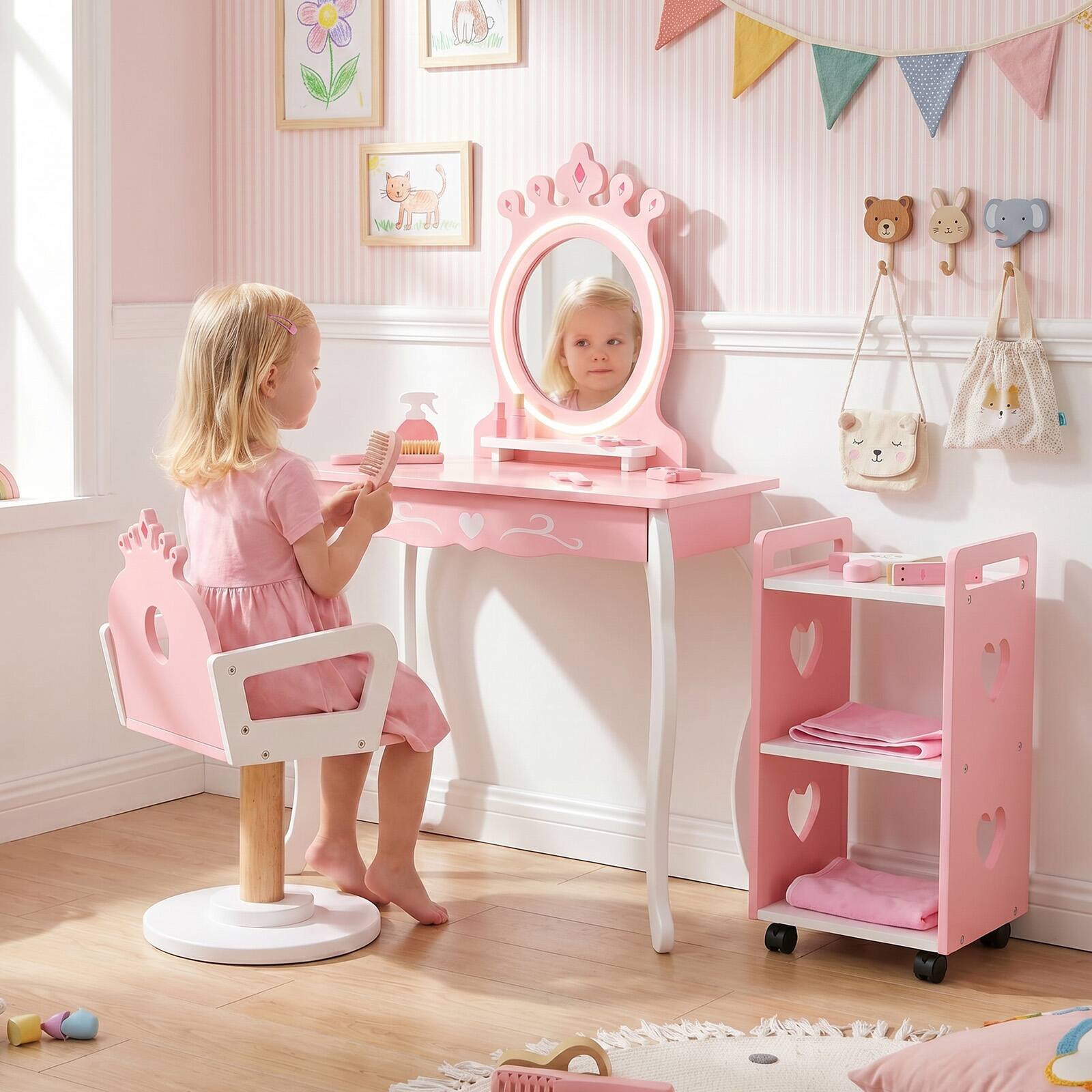 Alt View 3. Costway - Costway Kids Hair Salon Play Set with LED Lighted Mirror, Swivel Barber Chair, Rolling Cart - Pink + White.