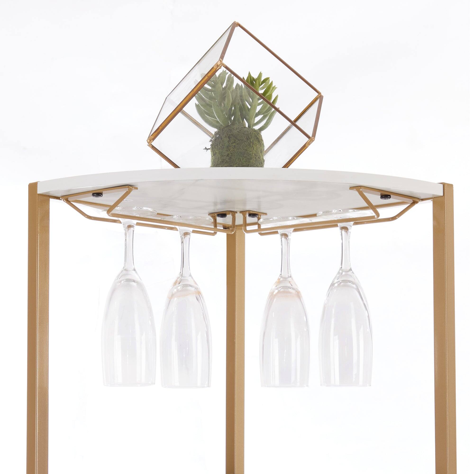 Left. Vecelo - Rustic Triangle Corner Shelf with Cabinet, 4-Tier Corner Storage Unit & Glass Holders for Living Room & Bedroom - Gold.