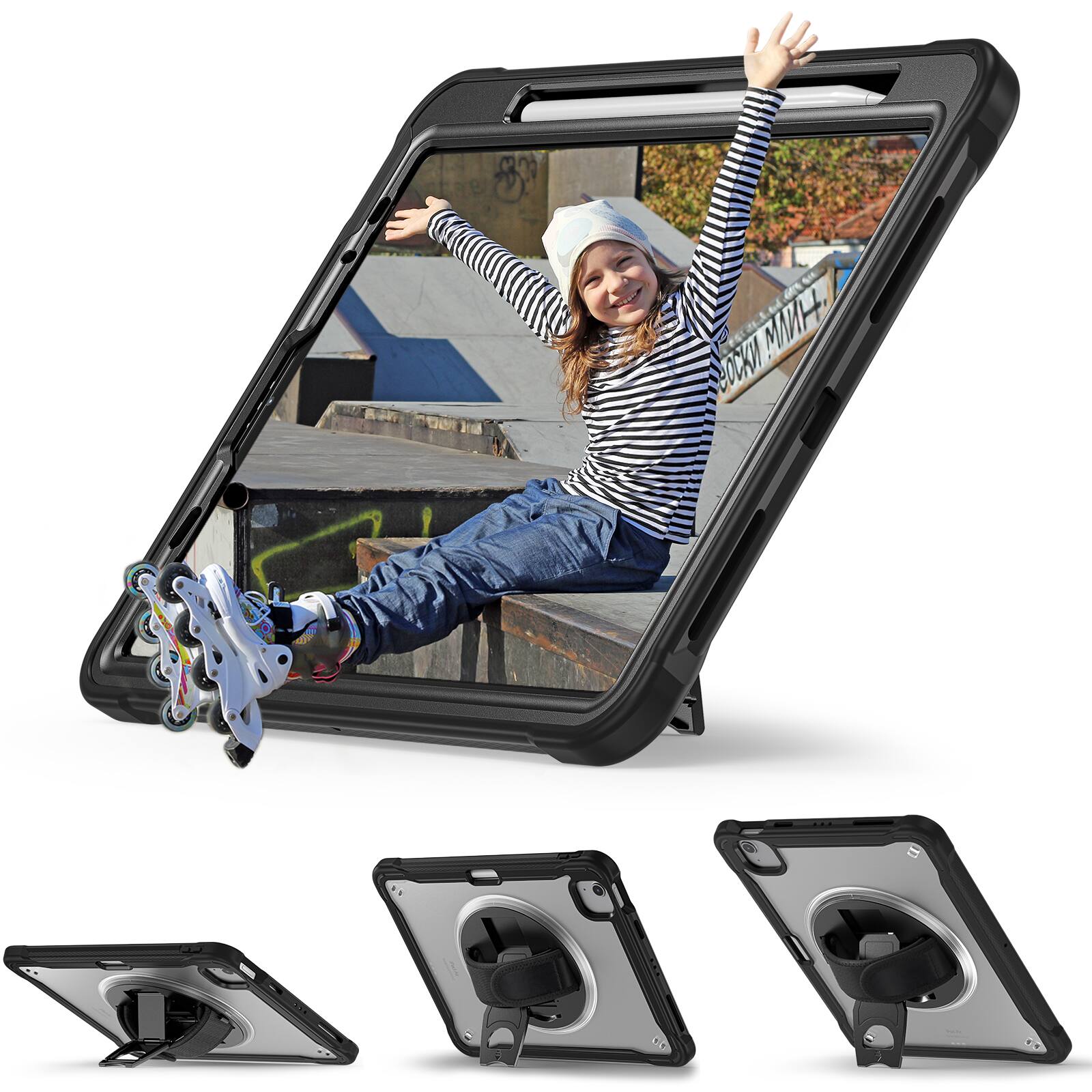 Alt View 4. Dteck - Rugged Case for iPad Air 11-inch M4(2026)/M3 (2025) /M2 Shockproof Handstrap Foldable Kickstand Cover+Crossbody Strap - Black+Clear.