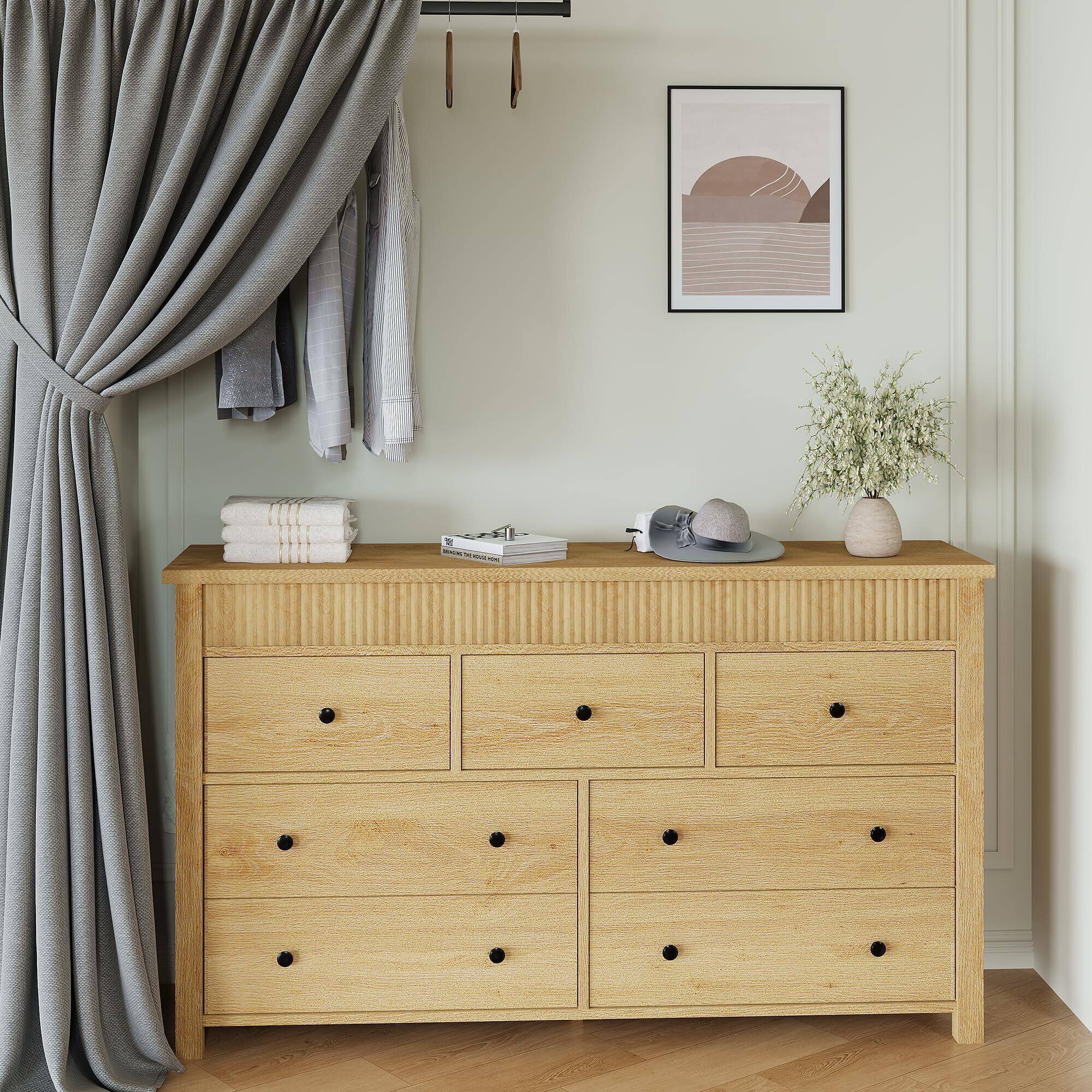 Alt View 5. Acekool - 7 Drawer Dresser for Bedroom, Wooden Chest of Drawers, Fluted TV Stand - Yellow.